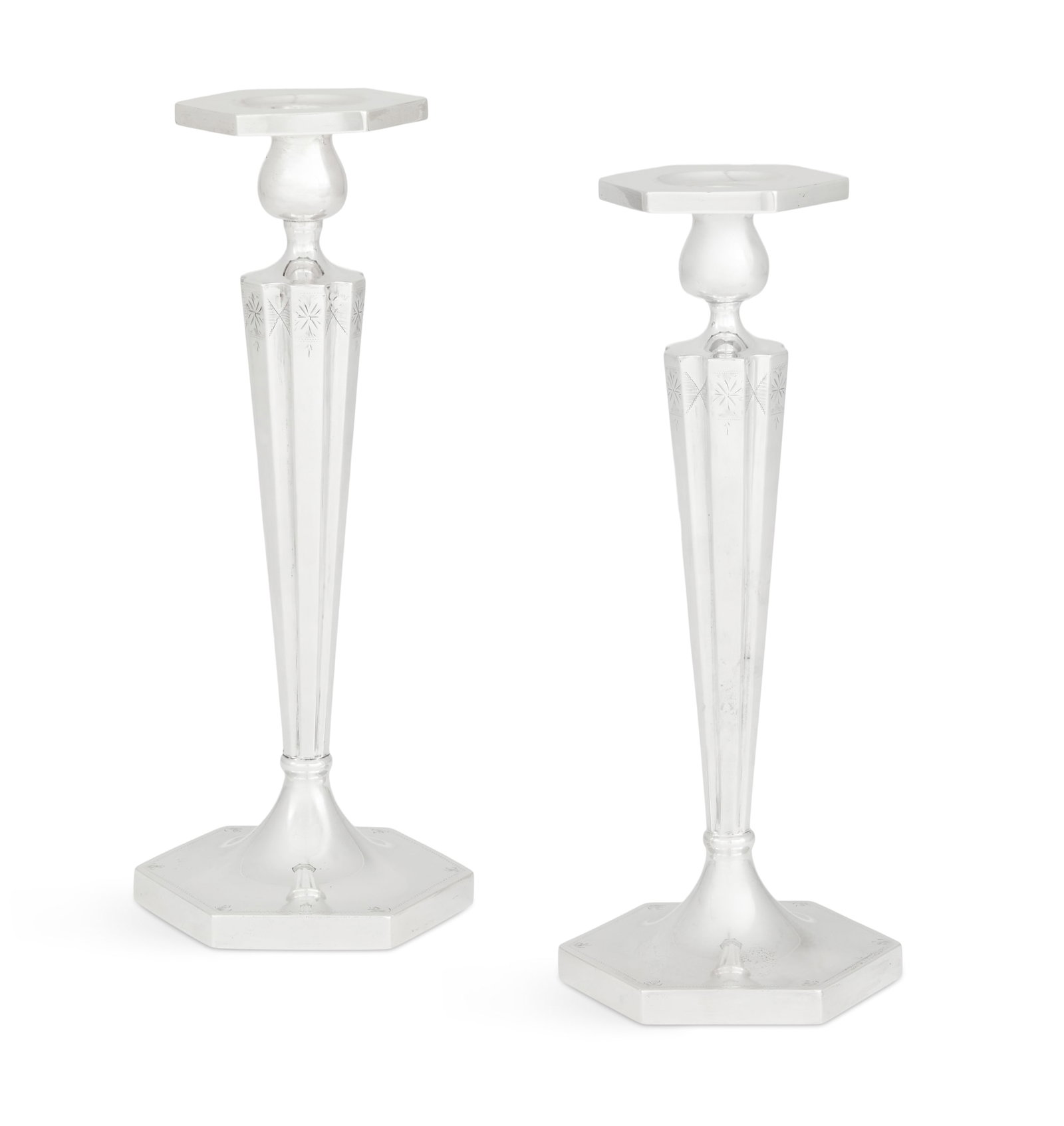Pair of American Sterling Silver Candlesticks: Pair of American Sterling Silver Candlesticks first quarter 20th century, by the Victor Seidman Mfg. Co., New York, New York, each with a tapering standard of cavetto-canted hexagonal section above a 