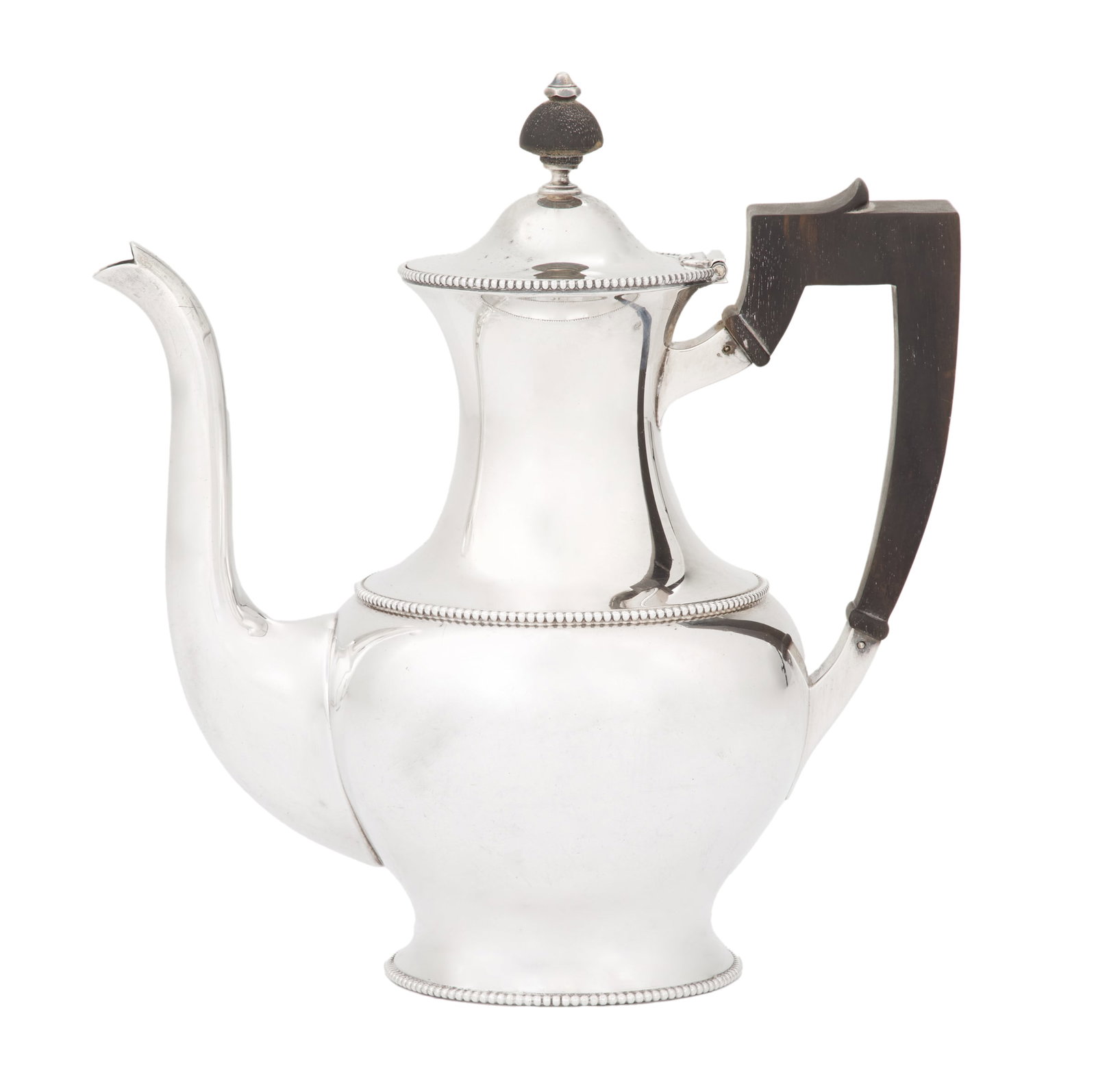 American Sterling Silver Coffeepot: American Sterling Silver Coffeepot R. Wallace & Sons, Wallingford, Connecticut, pattern #500, the pear-shaped body with narrow beaded banding, with "gooseneck" spout, hinged, domed lid and crested ros