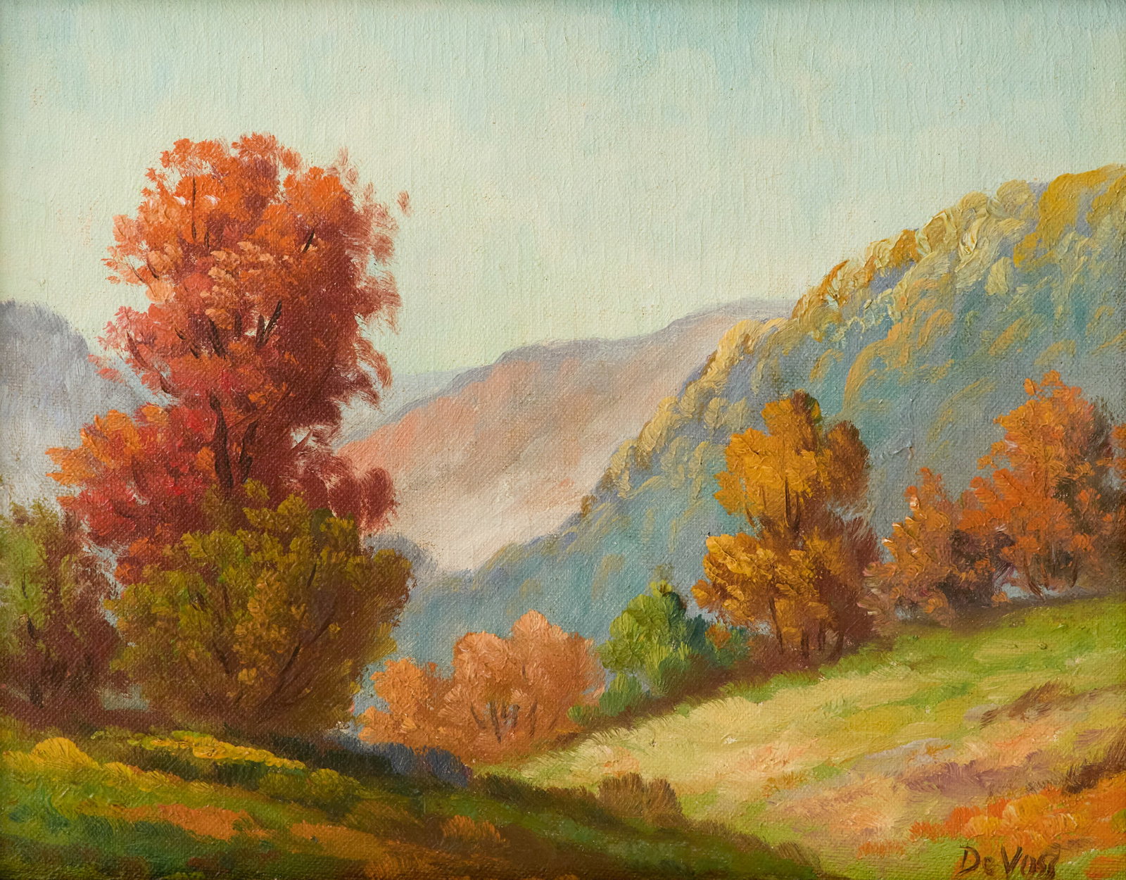 George Edgar Devoss (US/California, 20th Century): George Edgar Devoss (American/California, 20th Century) "Autumn Hillside" oil on canvas board signed lower right. Framed. 8" x 10", framed 14" x 16" Provenance: The Estate of Stella R. Sharp, Natchez,
