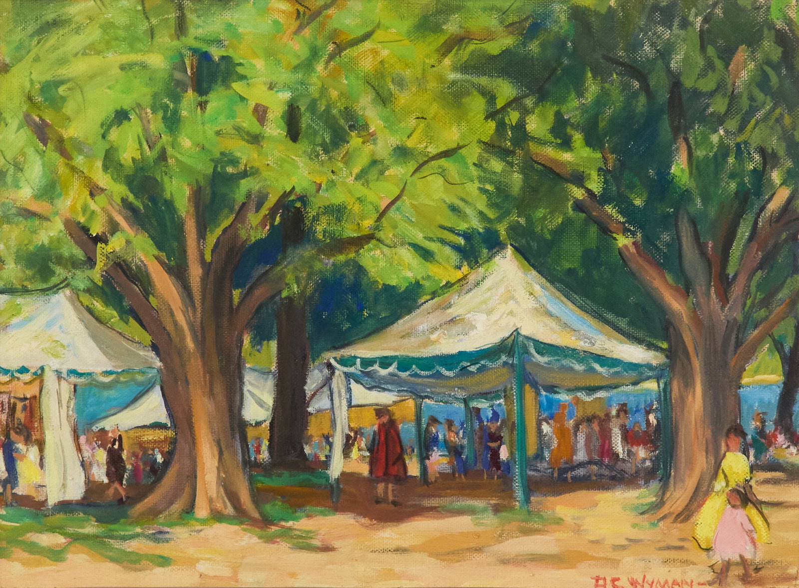 Dorothy Churchill Wyman (American, 1899-1993): Dorothy Churchill Wyman (American, 1899-1993) "Public Garden Festival Day" mixed media on textured paper signed lower right, signed and titled en verso. Matted, glazed and framed. sheet 11-1/2" x 15-1