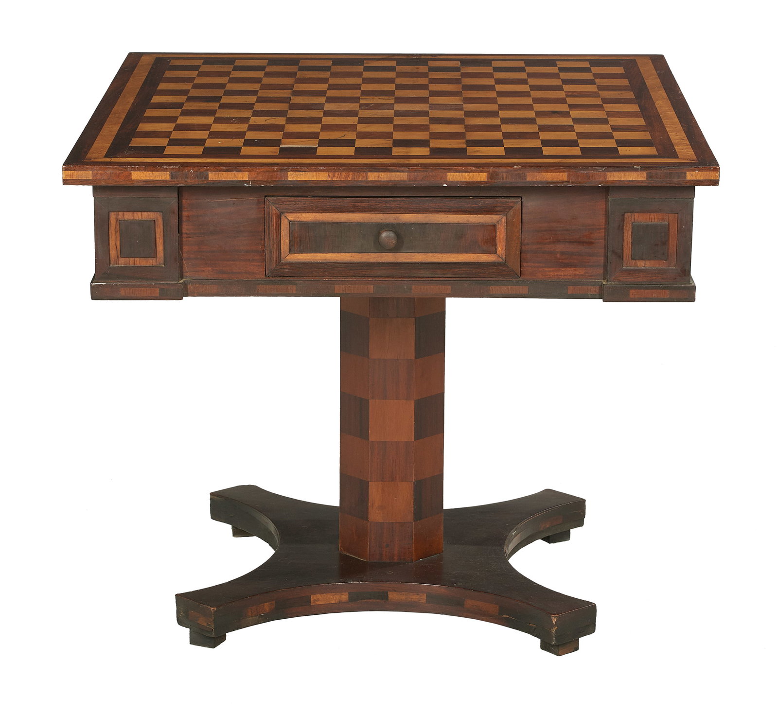 Unusual American Maple-Inlaid Game Table: Unusual American Rosewood and Maple-Inlaid Game Table mid-19th century, the top with alternating bands of rosewood and maple, the game board set with alternating squares of rosewood and maple, each si