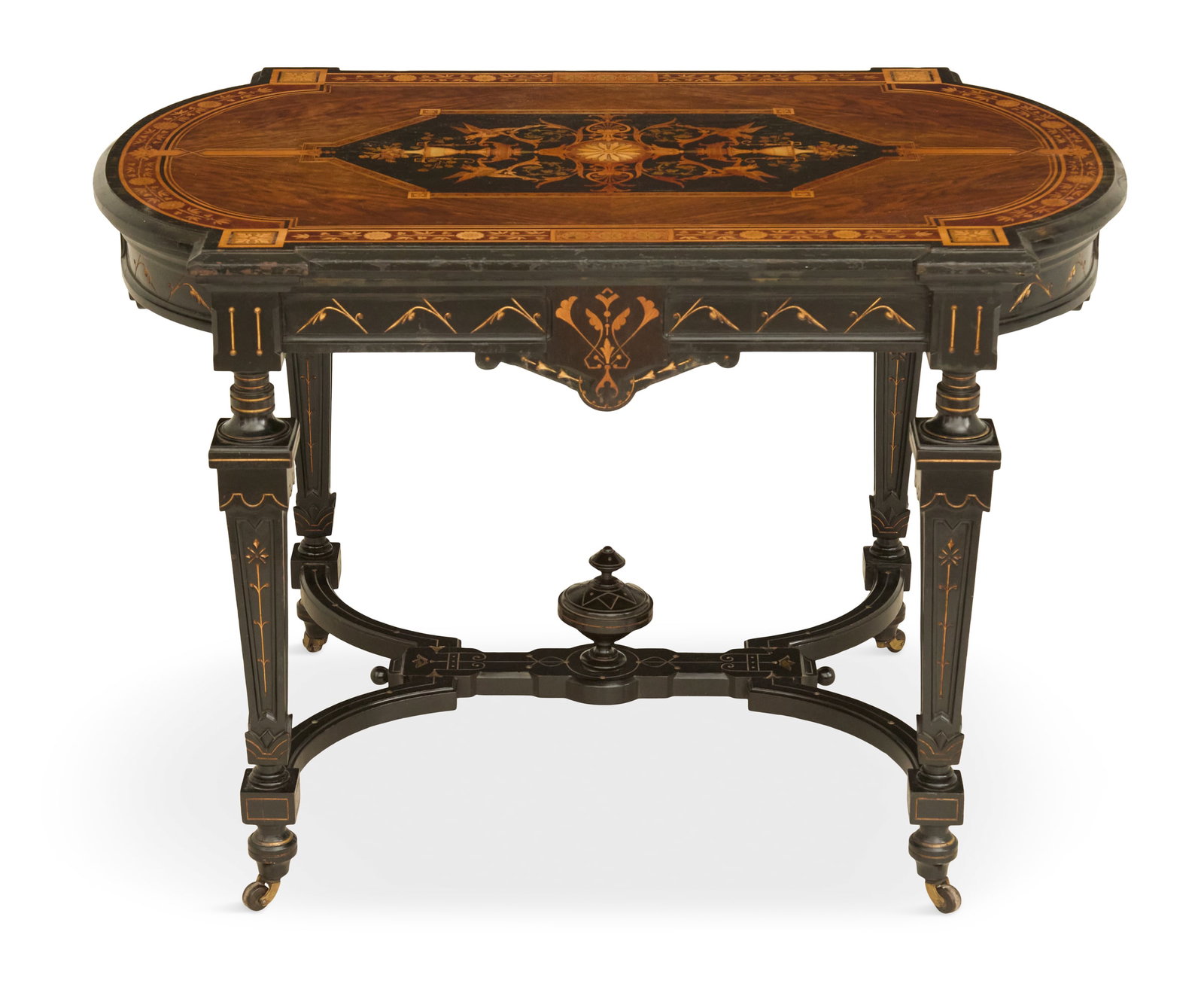 American Ebonized and Inlaid Center Table: American Aesthetic Movement Ebonized and Inlaid Center Table third quarter 19th century, in the manner of Herter, the top with a central inlaid panel with birds and floral urns, the outer edge with fl