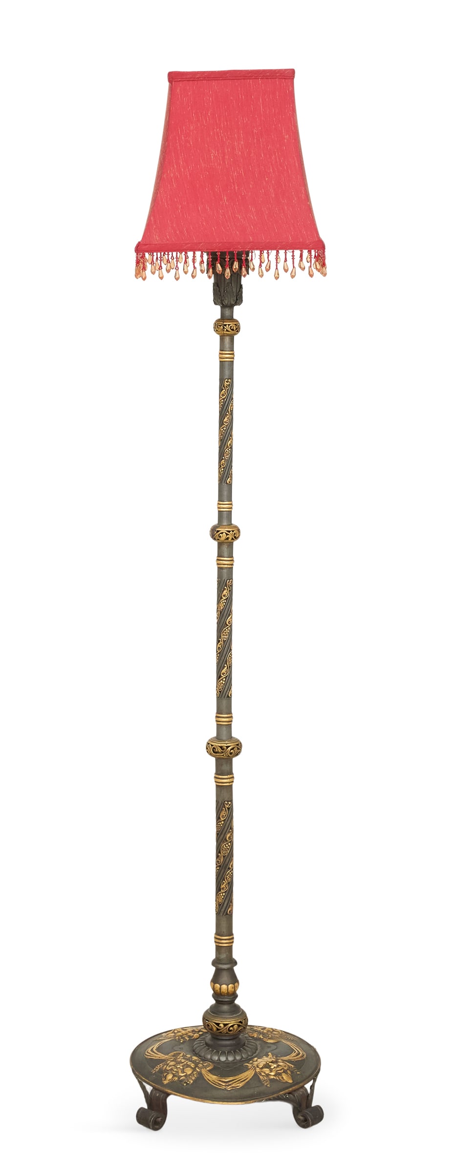 Bronze and Steel Floor Lamp: Bronze and Steel Floor Lamp, Attributed to E.F. Caldwell & Co., New York early 20th century, the three-light lamp with molded laurel leaves at the top of the steel standard, the standard inset with ro