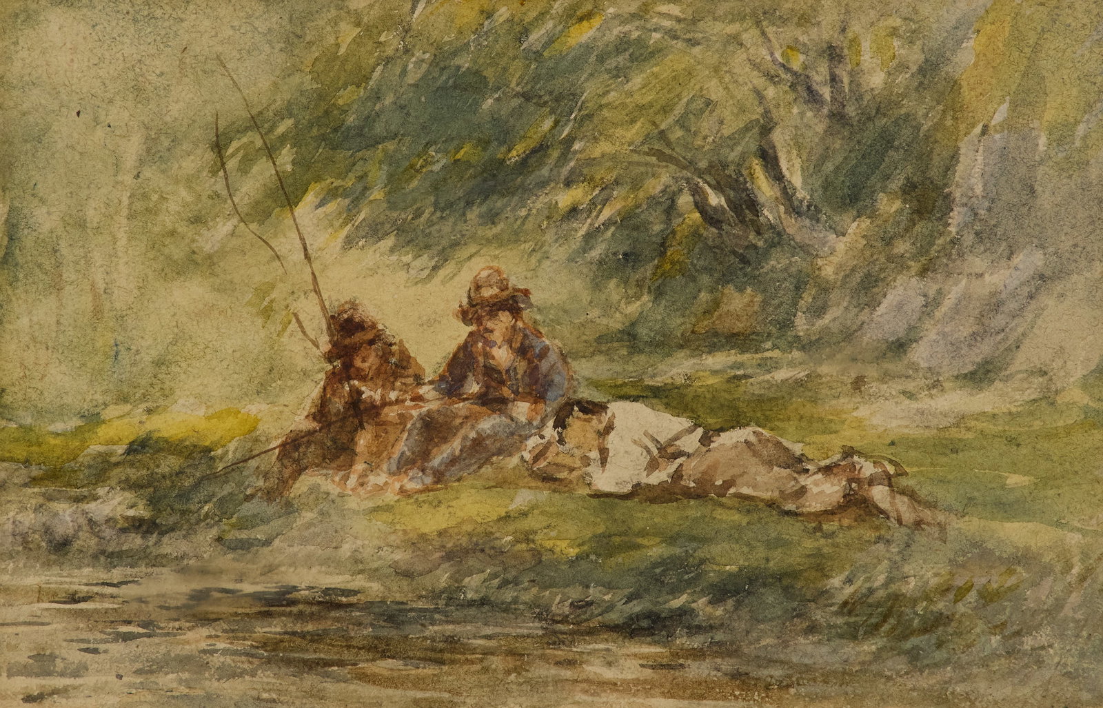 American School (ca. 1900): American School ca. 1900 "Waiting for a Bite" watercolor on paper unsigned. Matted, glazed and framed. sight 6-1/2" x 10, framed 14-1/2" x 17" Provenance: The collection of Deborah & Eli Tullis, New O