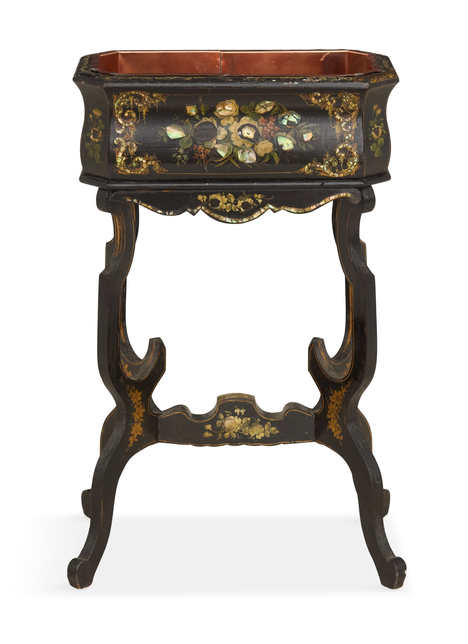 Victorian Ebonized and Lacquered Jardiniere: Victorian Ebonized and Lacquered Jardiniere mid-19th century, the copper-lined jardiniere with floral-painted sprays on the exterior, supported by shaped legs joined by a stretcher. h. 33", w. 20", d.