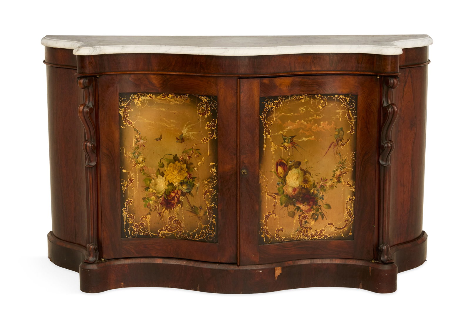 Victorian Rosewood and Marble-Top Sideboard: Victorian Rosewood and Marble-Top Sideboard 19th century, the conforming white marble top over a pair of framed doors, each with floral-painted panels, raised on a plinth base. h. 37-1/2", w. 62", d. 