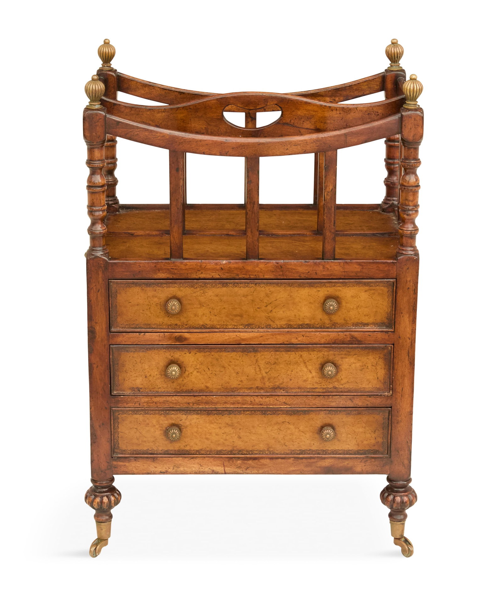 Victorian-Style Fruitwood Canterbury: Victorian-Style Fruitwood Canterbury the upper section fitted with three slatted compartments above three long leather-inset drawers, each side fitted with a leather-inset slide, raised on reeded bulb