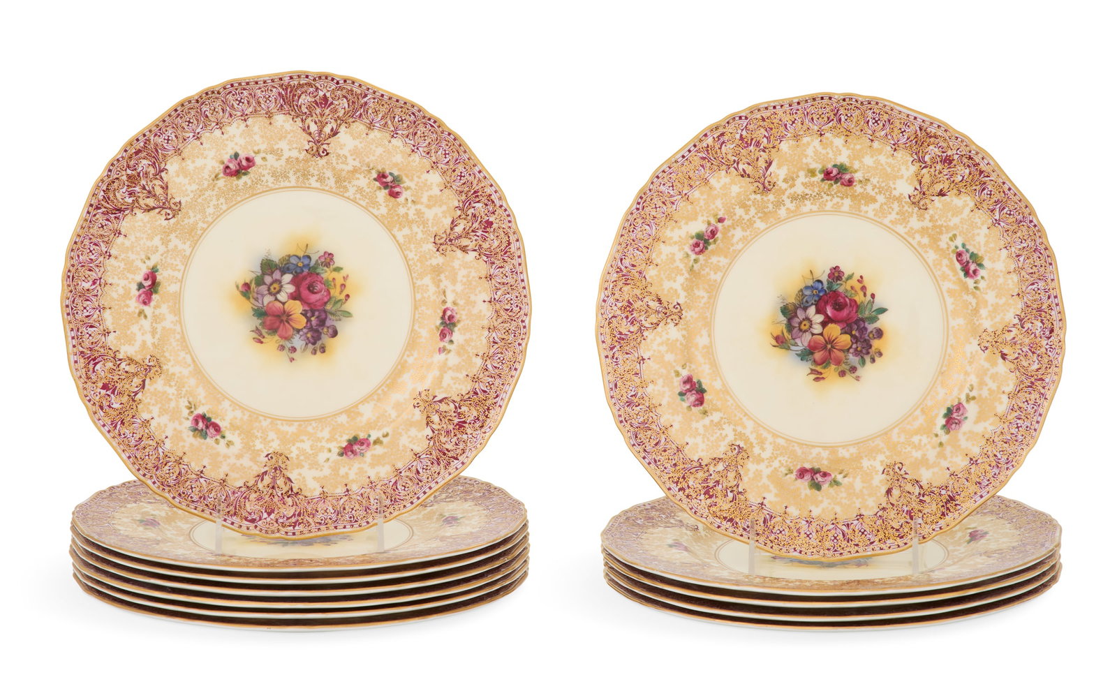 Set of Twelve Royal Worcester Cabinet Plates: Set of Twelve Royal Worcester Cabinet Plates ca. 1892, decorated with bouquets in the center panel, the borders with red and gilt scrollwork, accented with scattered flowers, with a printed Royal Worc