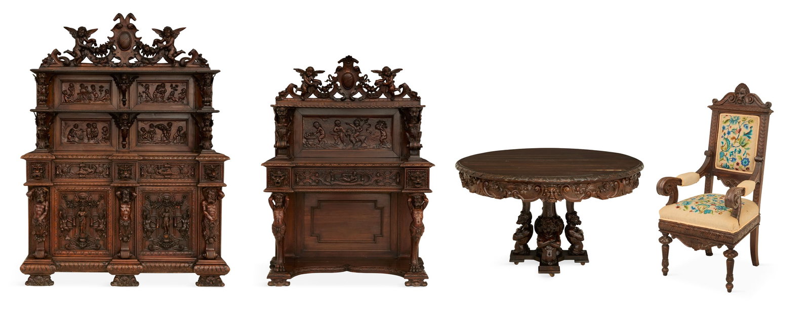 Extensive Italian Walnut Dining Room Suite: Extensive Italian Renaissance Revival Walnut Dining Room Suite late 19th century, in the manner of R.J. Horner, New York, comprised of a large sideboard, h. 97", w. 72", d. 26", a server, h. 75", w. 5