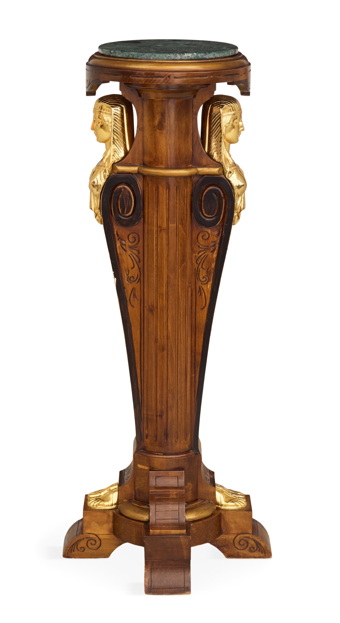 Egyptian Revival Marble-Top Pedestal: Egyptian Revival Gilt-Bronze-Mounted Fruitwood and Marble-Top Pedestal 20th century, the top with a circular marble insert over a carved standard and a pair of sphinx-head mounts, the base raised on f