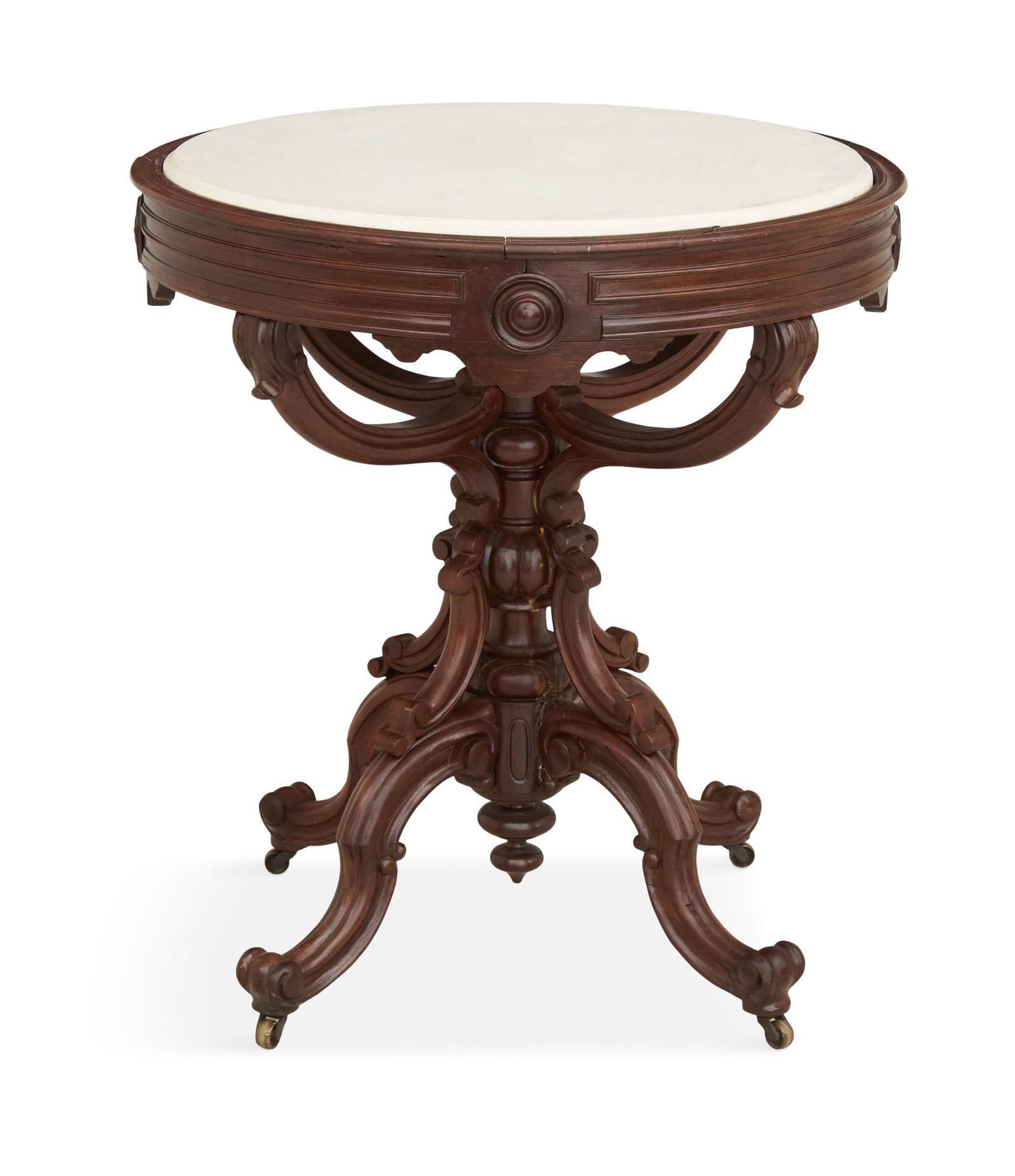 American Rococo Revival Marble-Top Center Table: American Rococo Revival Rosewood and Marble-Top Center Table third quarter 19th century, the circular inset white marble top over a frame supported by four curved buttresses, to a central turned stand