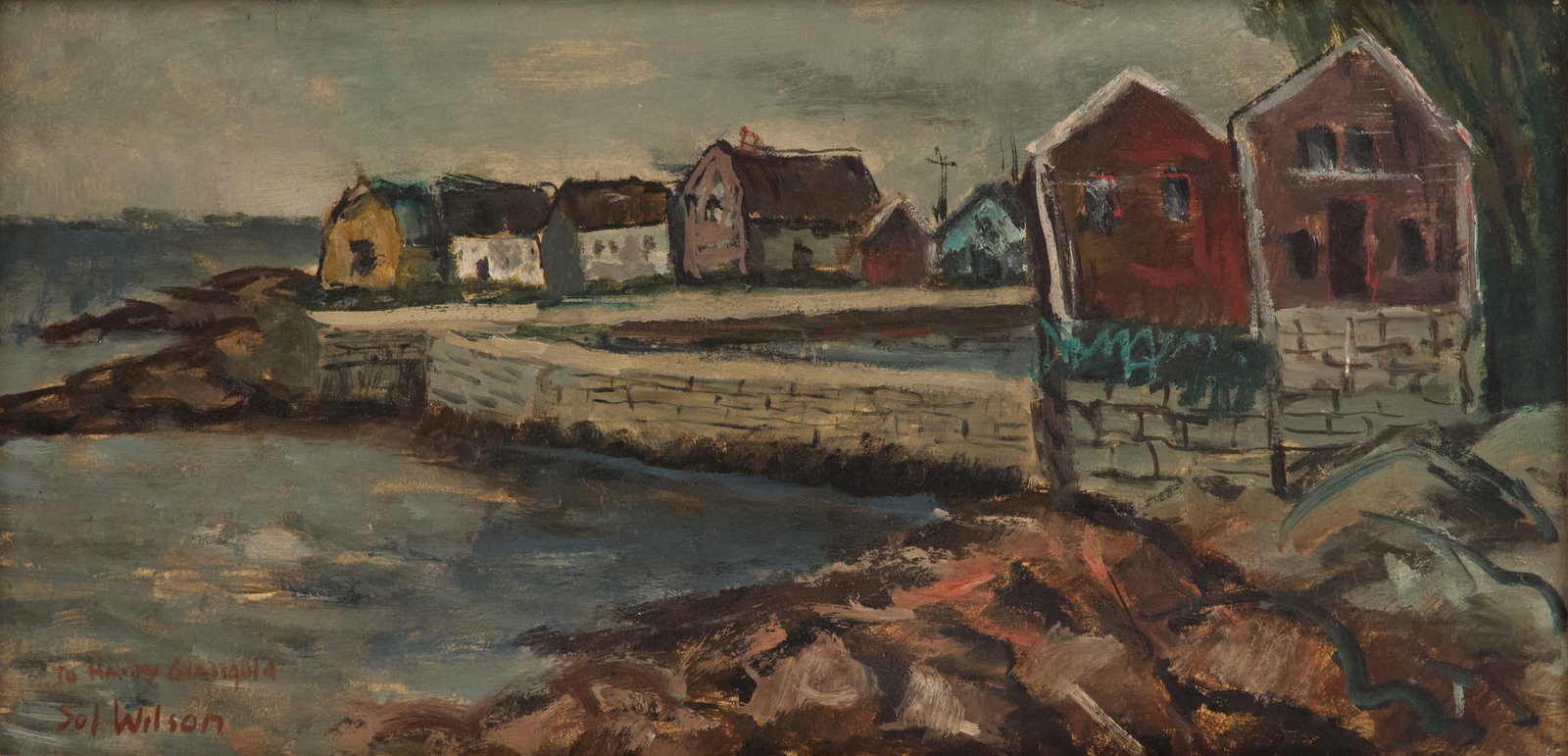 Sol Wilson (Polish/American, 1896-1974): Sol Wilson (Polish/American, 1896-1974) "The Bay" oil on canvas board signed and inscribed "To Harry Glassgold" lower left, and signed and titled en verso. Matted and framed. 7-1/4" x 14-1/4", framed 
