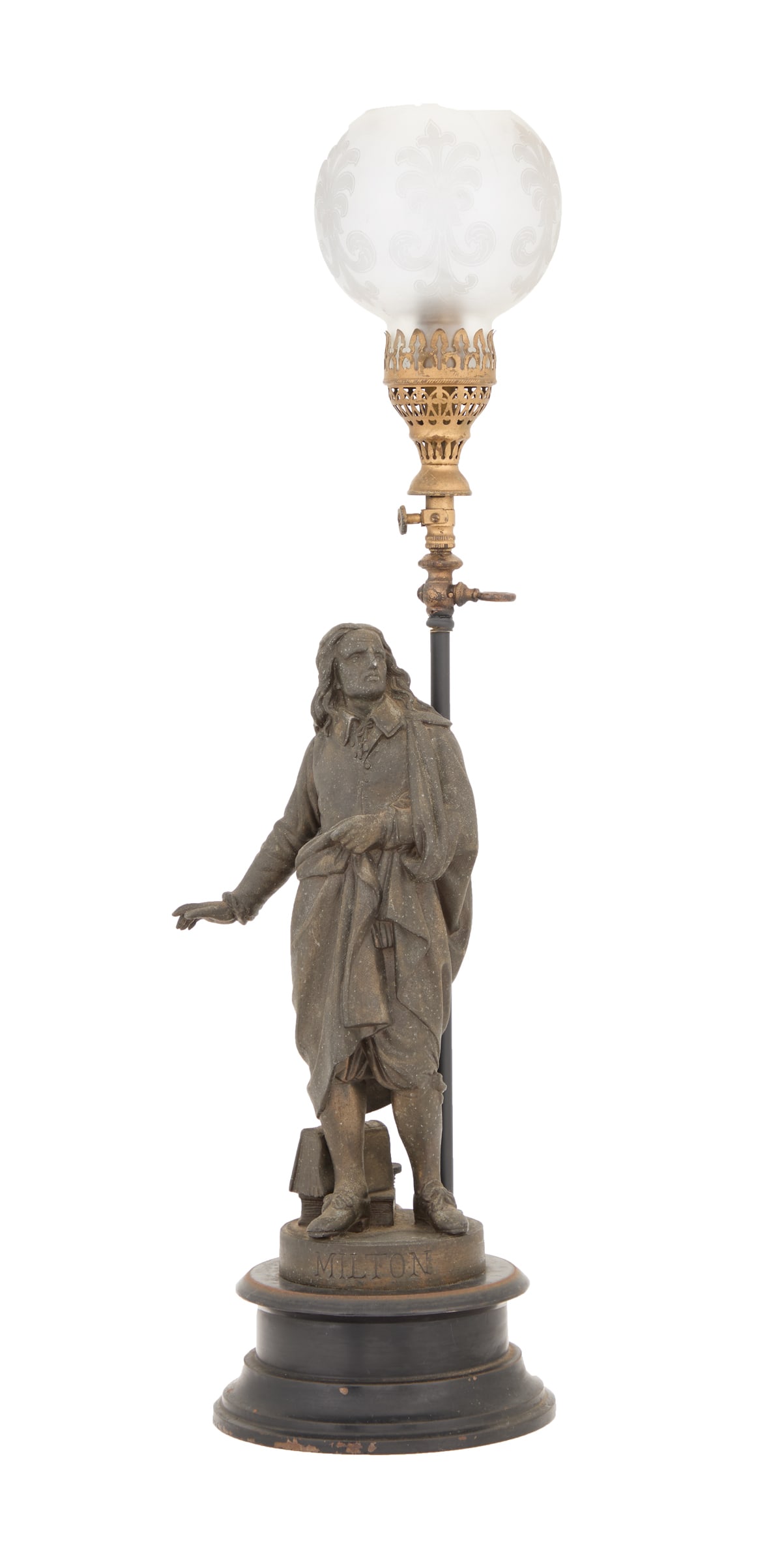 Patinated Metal Gas "Milton" Newel Post Lamp: Patinated Metal Gas "Milton" Newel Post Lamp late 19th century, the gas lamp with a figure of Milton on a circular, molded base, set with a brass shade holder and engraved glass shade. h. 23-1/2", dia