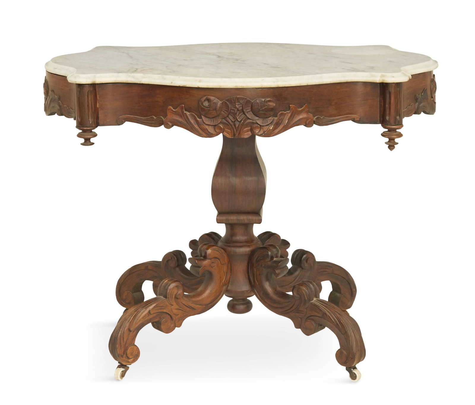 American Rococo Revival Marble-Top Center Table: American Rococo Revival Rosewood and Marble-Top Center Table third quarter 19th century, attributed to Foster and Lee, the conforming tortoise-form white marble top over a carved foliate frieze, suppo