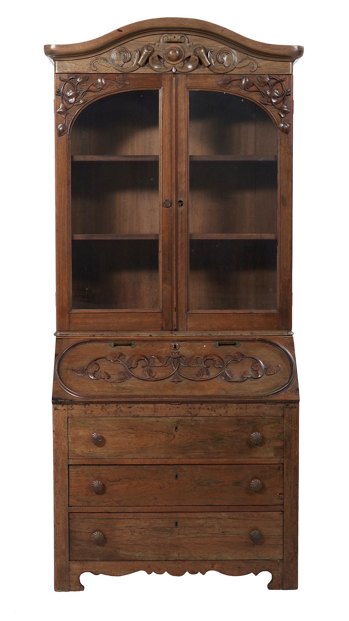 American Rococo Revival Secretary Bookcase: American Rococo Revival Rosewood and Faux Rosewood Secretary Bookcase third quarter 19th century, in two parts, the bonnet top over a pair of glazed doors, the base with a slant lid with applied carvi