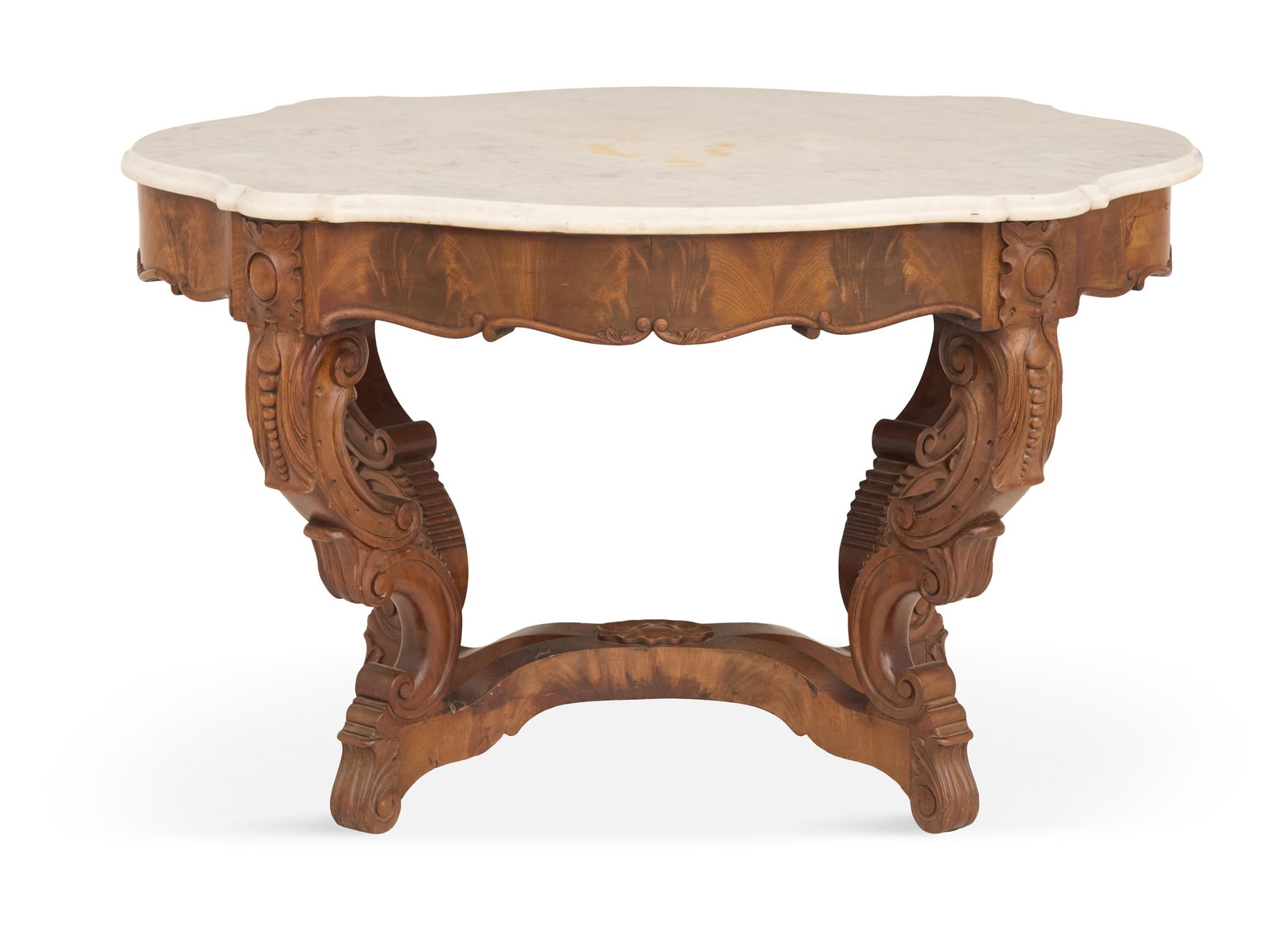 American Rococo Revival Marble-Top Center Table: American Rococo Revival Mahogany and Marble-Top Center Table mid-19th century, the conforming white marble top over a shaped frame, raised on carved legs joined by an X-form stretcher. h. 28", w. 46",
