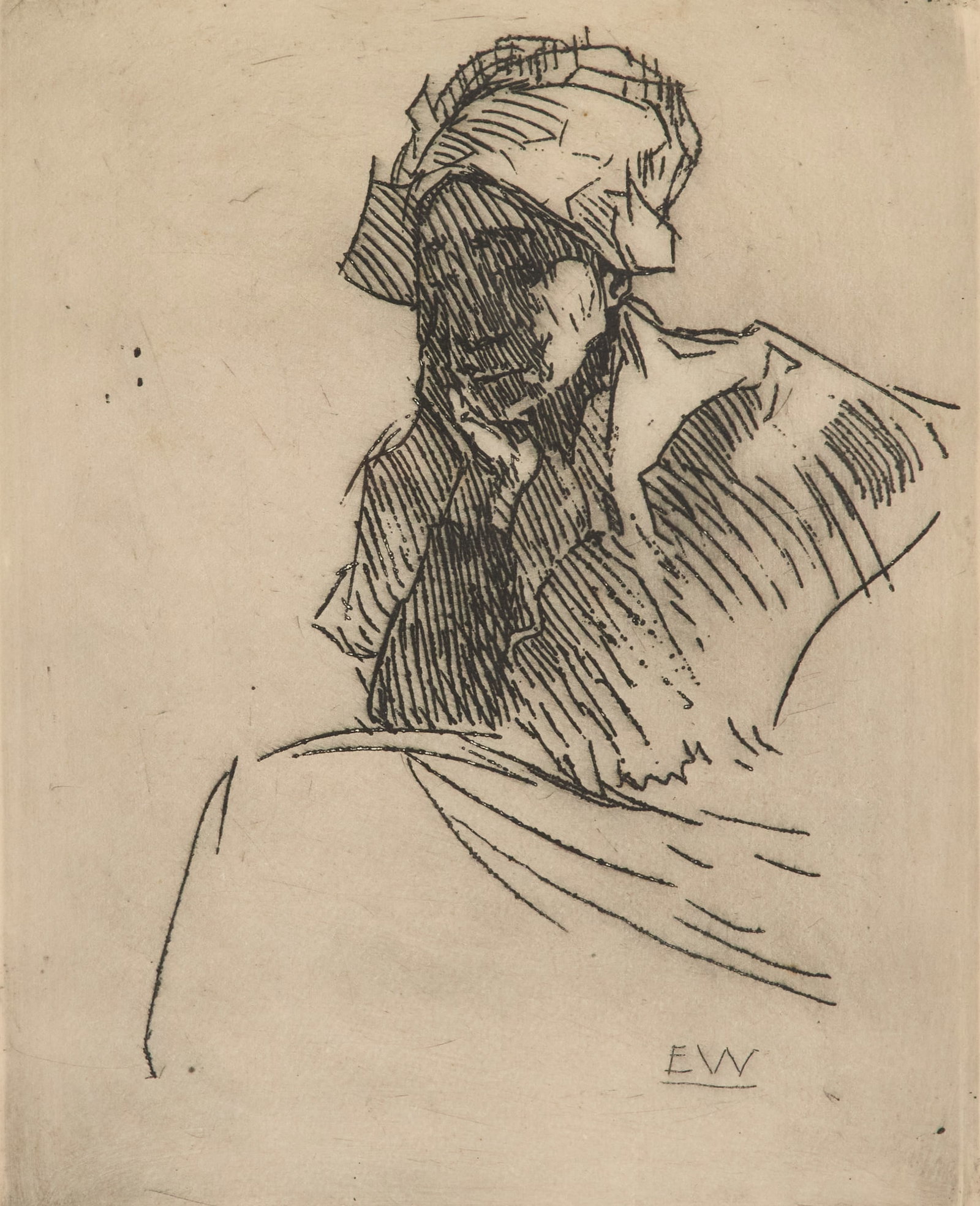 Ellsworth Woodward (US/Louisiana, 1861-1939): Ellsworth Woodward (American/Louisiana, 1861-1939) "Marie" etching on paper pencil-signed and titled lower margin, and initialed "E.W." in plate lower right. Matted, glazed and framed. sight 10" x 8-1