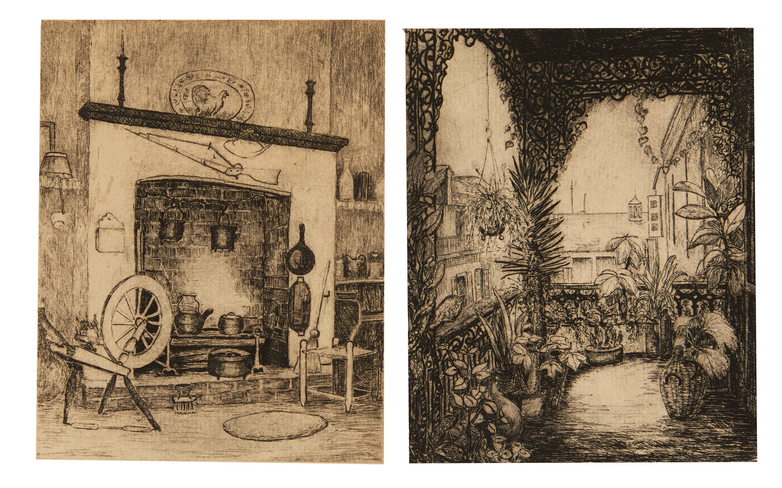 Willie L. Reed Rowe (US/Louisiana, 1914-1986): Willie Lucille Reed Rowe (American/Louisiana, 1914-1986) "My Balcony Garden", 1948 "My Studio Kitchen", 1948 two etchings on paper each pencil-signed and dated lower right and titled lower left, from 