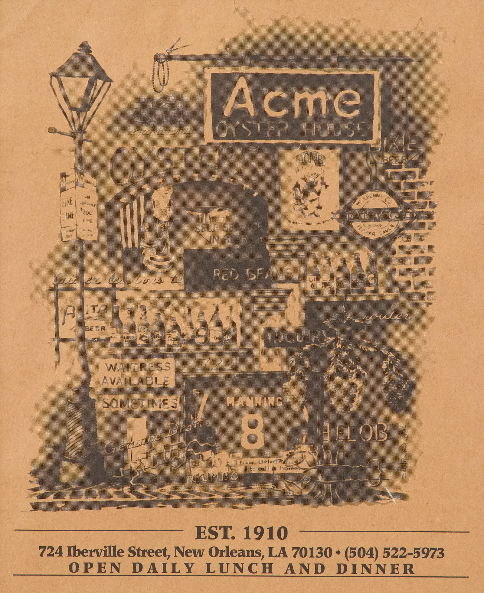 Acme Oyster House Print: Acme Oyster House Print Matted, glazed and framed. sight 8" x 6-1/2", framed 16-1/2" x 15-1/2" Notes: This print was likely printed by Acme Oyster House to promote the restaurant's upbeat and lively a