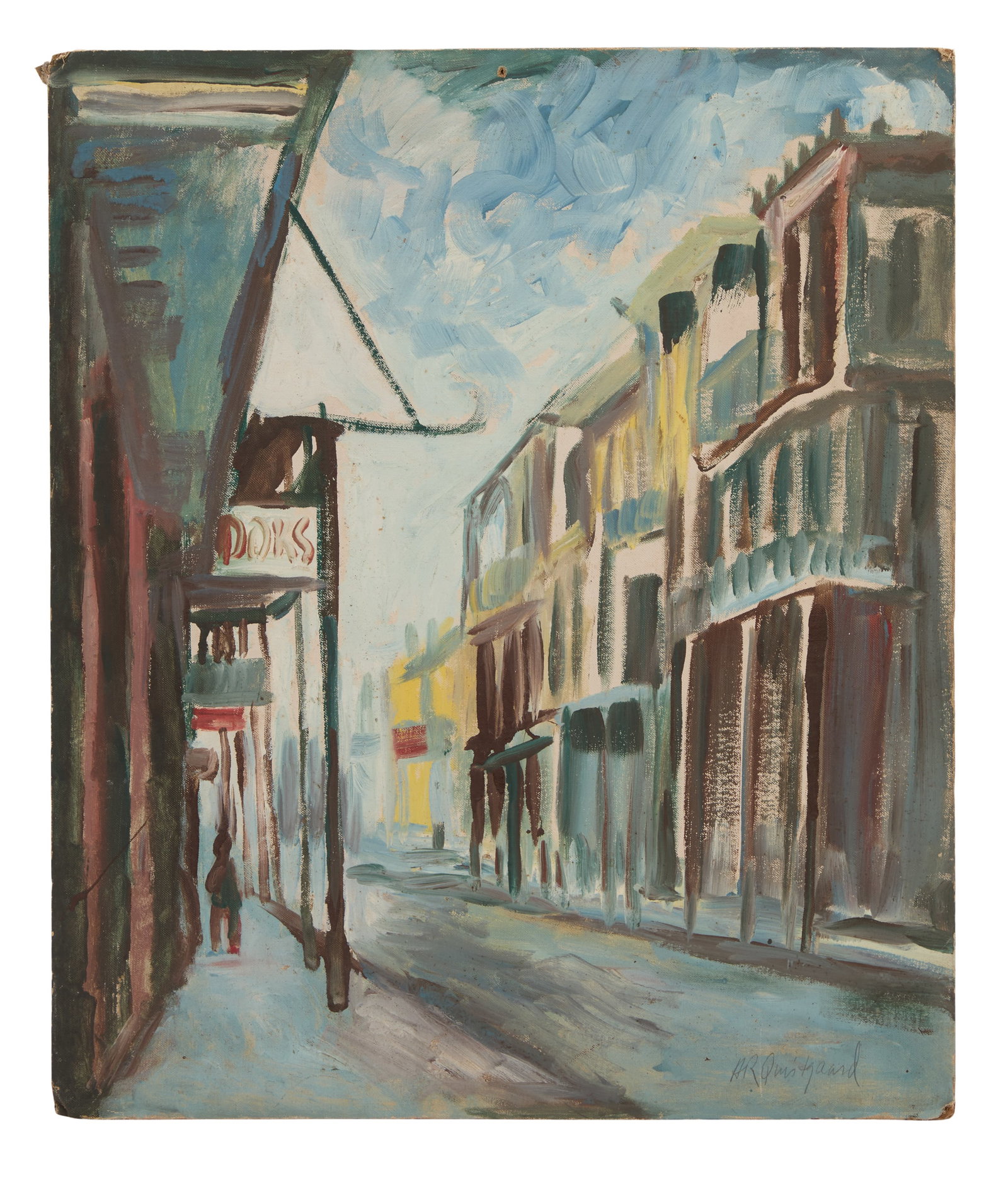H. de R. Quistgaard (US/New Orleans, 1914-2008): Harold Ivar de Rehling Quistgaard (American/New Orleans, 1914-2008) "Royal Street" oil on canvas board signed lower right. Unframed. 24" x 20"