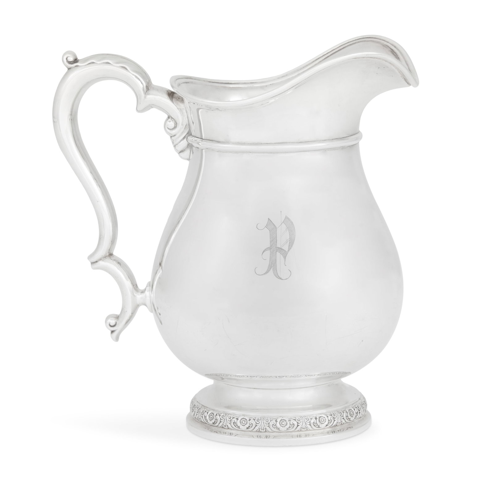 International "Prelude" Sterling Water Pitcher: International "Prelude" Sterling Silver Water Pitcher mid-20th century, Meriden, Connecticut, after a 1939 flatware design by Alfred Grover Kintz (1885-1963), with crested double-scroll handle and nar