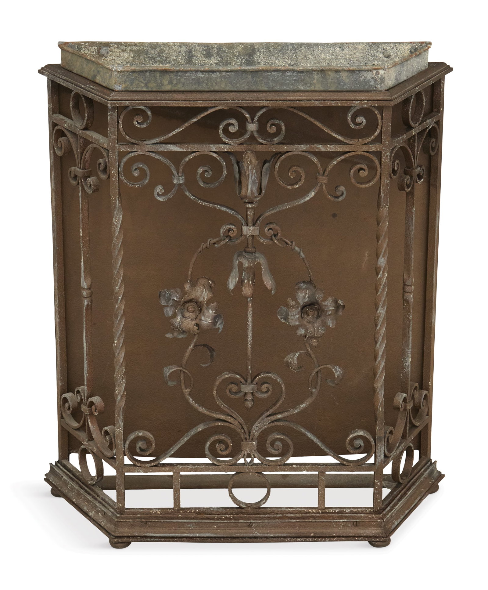 Continental Pierced Metal Console: Continental Pierced Metal Console early 20th century, the top set with a shallow metal plant holder, over a body with canted sides, the rope-twist frame set with pierced scrollwork and flowering vines