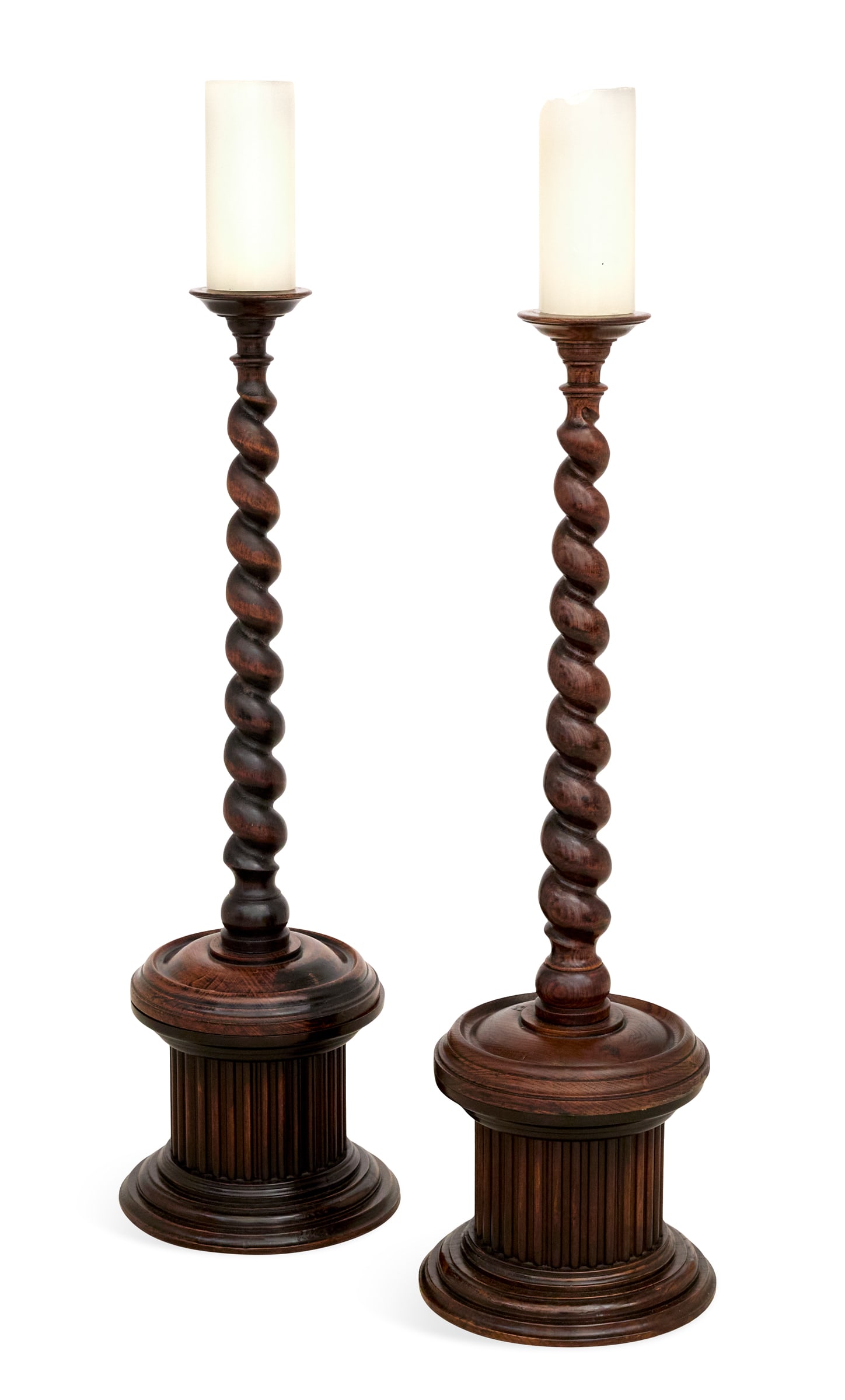 Pair of English "Mulberry" Oak Pricket Sticks: Tall Pair of English "Mulberry" Oak Pricket Candlesticks 20th century, the Baroque-style rope-twist candlesticks with turned drip pans, labeled "Mulberry, England", now on custom-made oak reeded bases