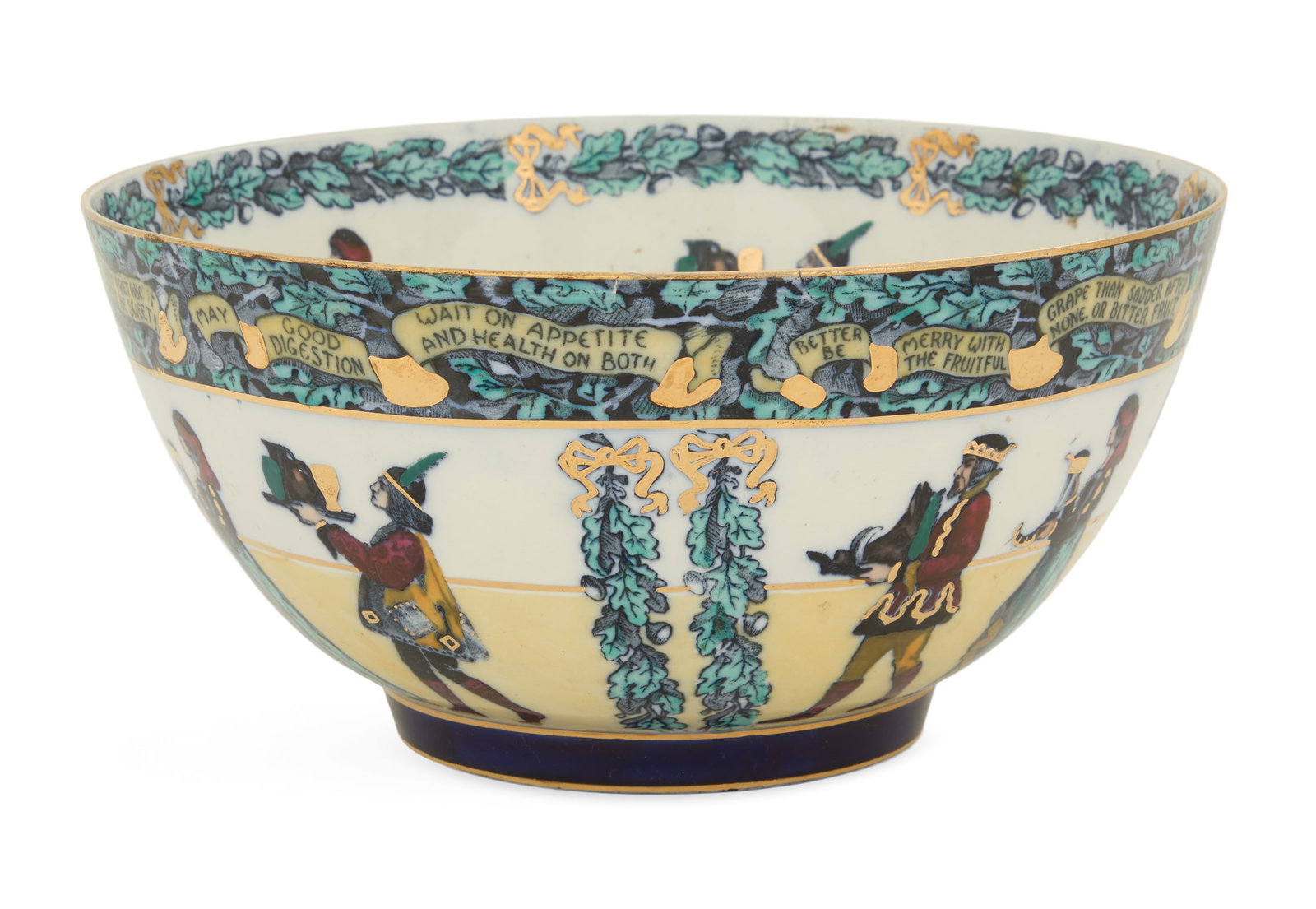 English Bisto Porcelain Punch Bowl: English Bisto Porcelain Punch Bowl ca. 1900, made by Bishop & Stonier, the transfer-printed bowl in a "King Arthur and Knight of the Round Table" theme, clobbered in polychrome and gilt, marked on the