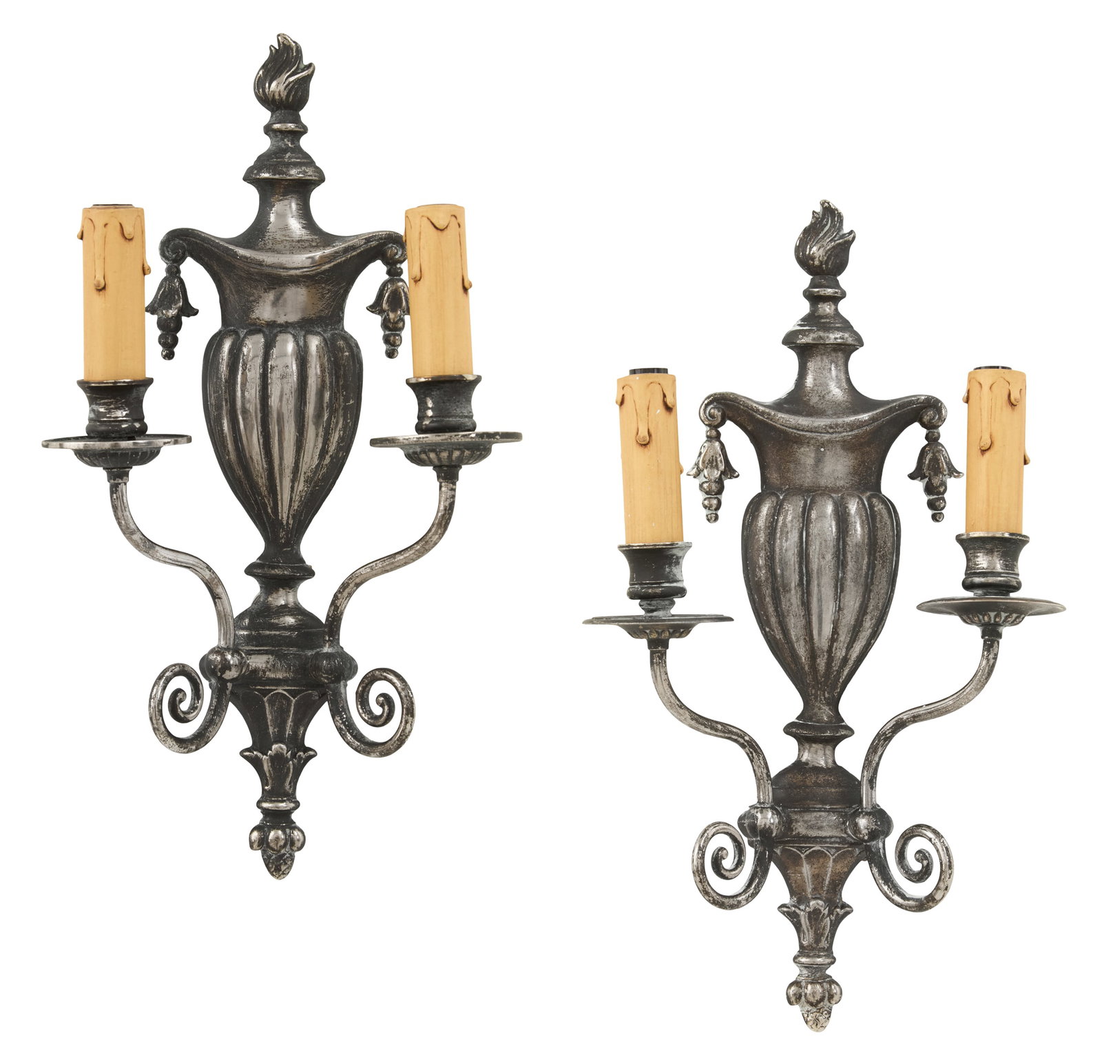 Pair of Silvered Metal Sconces in the Adam Taste: Pair of Silvered Metal Sconces in the Adam Taste early 20th century, English or American, each backplate in the form of a reeded urn with a flame finial, and set with a pair of scrolled candle branche