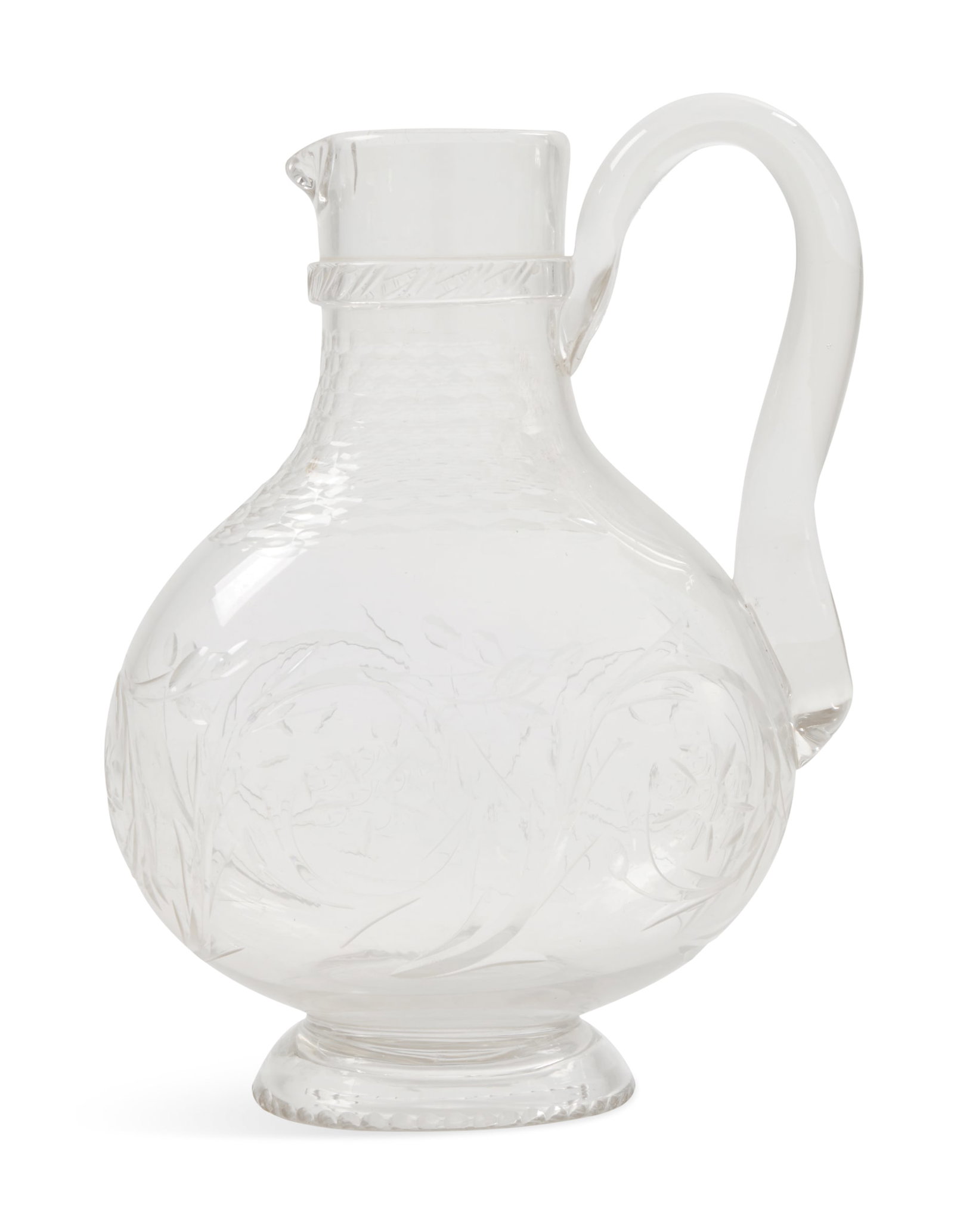 English Wheel-Cut Glass Claret Jug: English Wheel-Cut Glass Claret Jug 19th century, with a honeycomb-cut neck over a body cut with flowers and stylized leaves, the bottom with a polished pontil. h. 9", w. 5-3/4", d. 3-1/4" Provenance: 