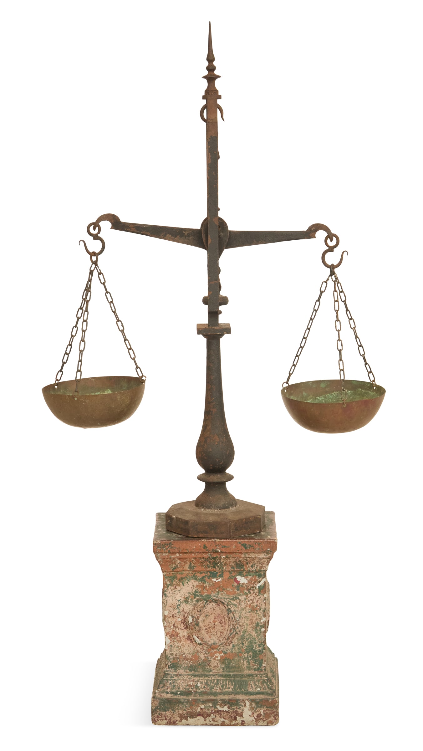 Iron and Copper Balance Scales: Iron and Copper Balance Scales 19th century, probably English, the spear-point finial above a pierced balance frame, in a vasiform standard with an octagonal base, hung with copper bowls, now on a pai