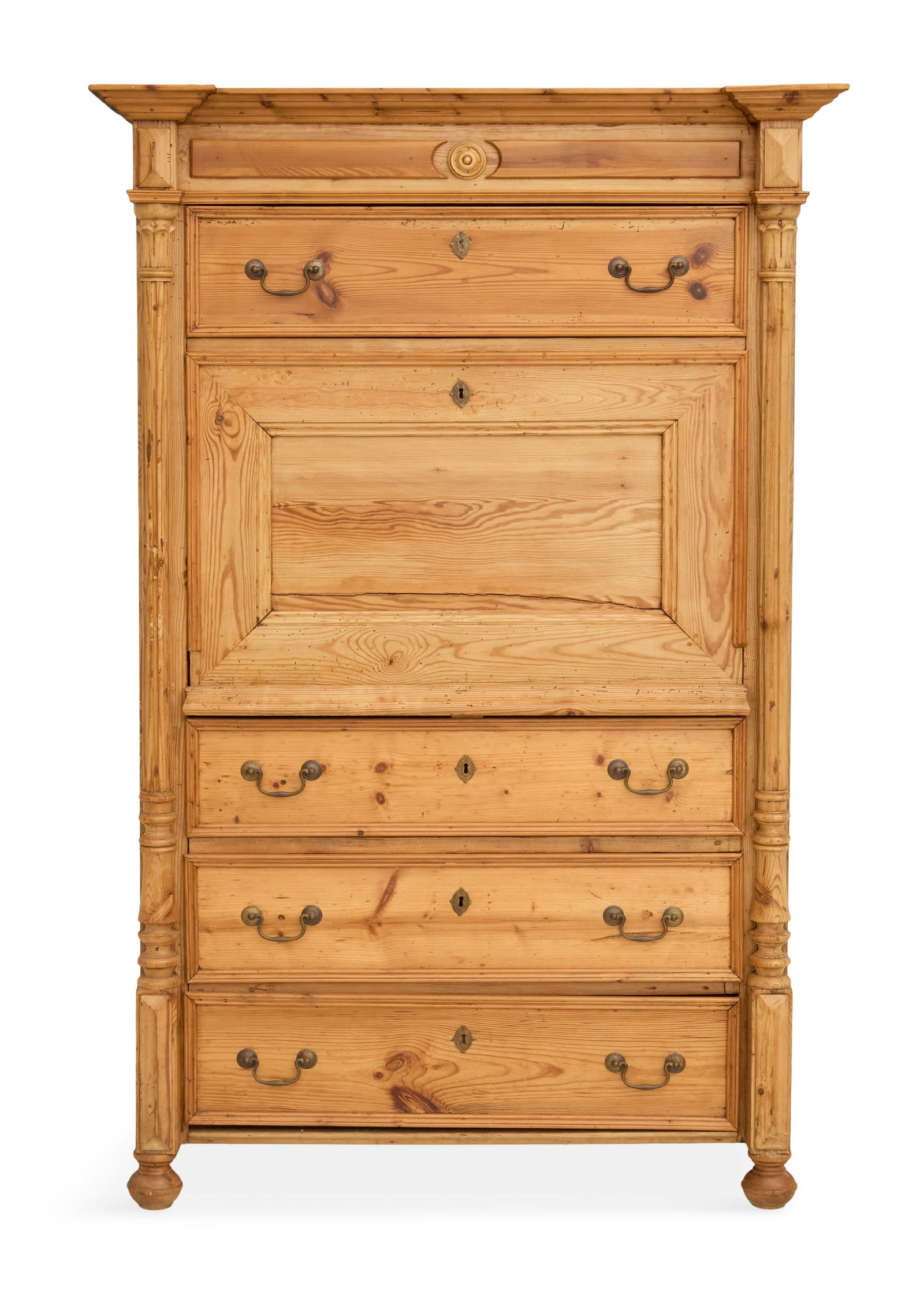 English Scrubbed Pine Drop-Front Desk: English Scrubbed Pine Drop-Front Desk 19th century, of traditional form with an overhanging cornice above a long drawer and drop lid below, with a fitted interior, the lower section with three