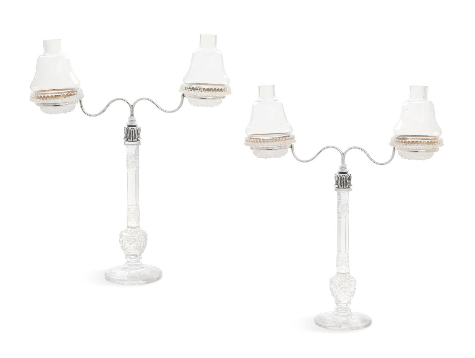 Pair of Assembled Cricklite Fairy Lamps: Pair of Assembled Cricklite Fairy Lamps late 19th century, with signed molded glass light bases set with shades mounted on signed gilt-brass shade holders, on cut-glass and silverplate stands made by 