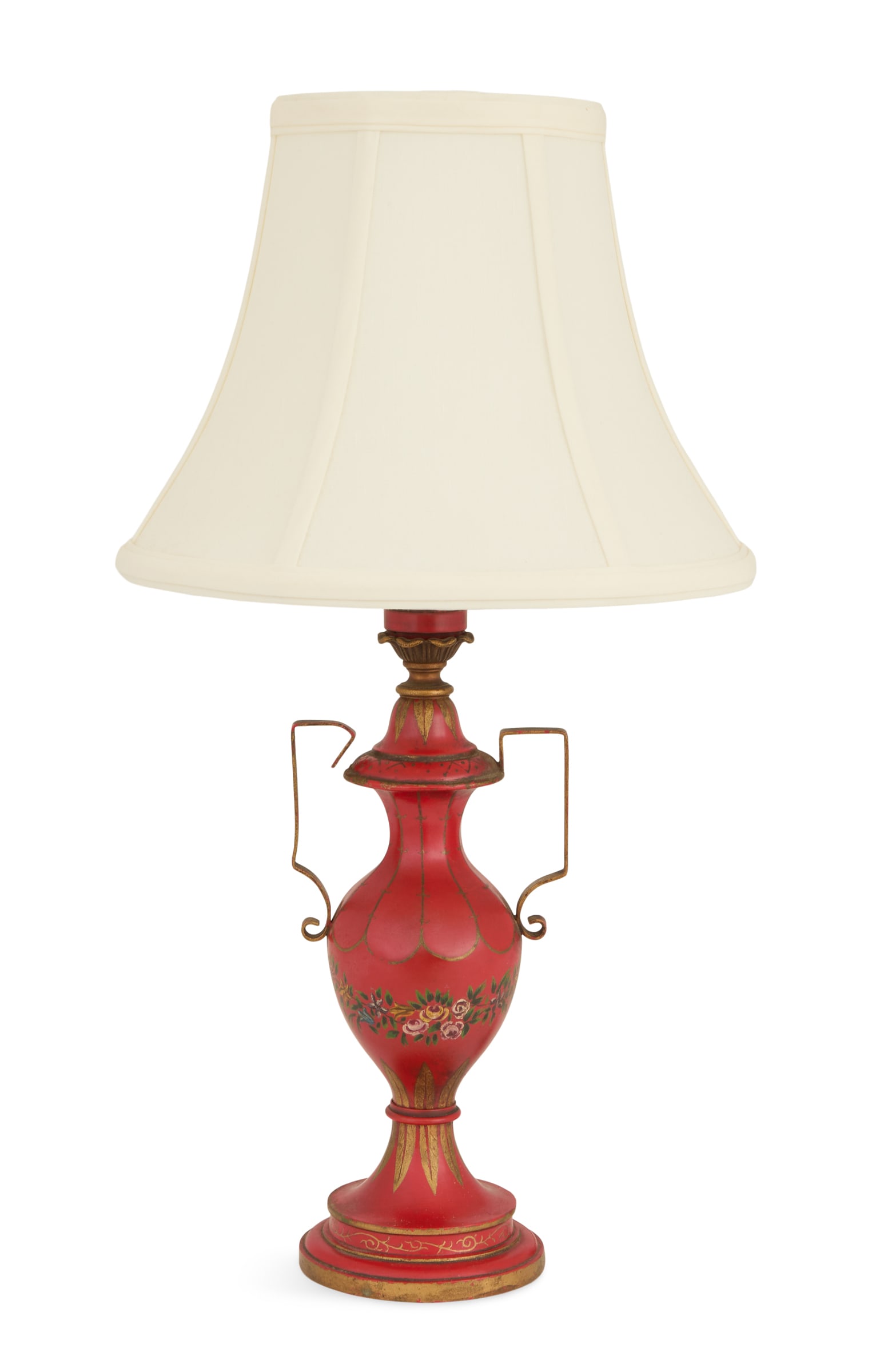 Painted Brass Tole-Style Boudoir Lamp: Painted Brass Tole-Style Boudoir Lamp mid-20th century, the urn-form base painted with swags of flowers and gilt leaves on a red ground, set with handles and fitted with a lampshade. h. 19", dia. 10-1