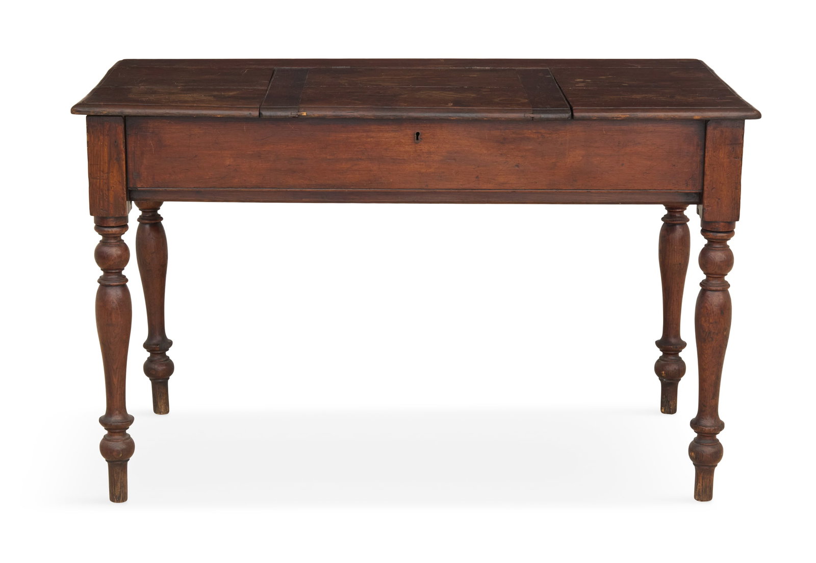 Provincial Pine Side Table: Provincial Pine Side Table 19th century, the planked rectangular top with a hinged center section, opening to a storage interior, above a plain frieze, raised on turned and bulbous legs ending in tall