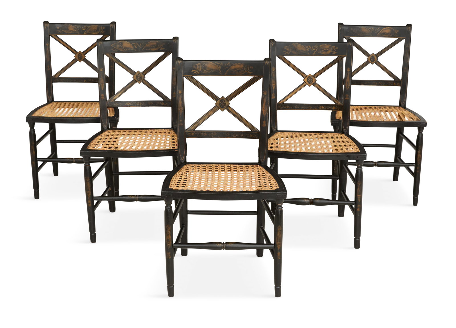 Five Regency Ebonized and Stenciled Side Chairs: Suite of Five Regency Ebonized and Stenciled Side Chairs 19th century, each with an X-form back splat and caned seat, raised on simplistic turned legs. h. 33-1/2", seat h. 17", w. 18", d. 16"