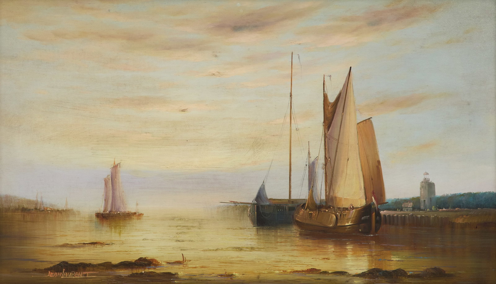 Jean Michel Laurent (Korean, 1898-1988): Jean Michel Laurent (Korean, 1898-1988) "Sailing Ships" oil on canvas signed lower left. Framed. 14" x 24", framed 24-1/4" x 34-1/4"