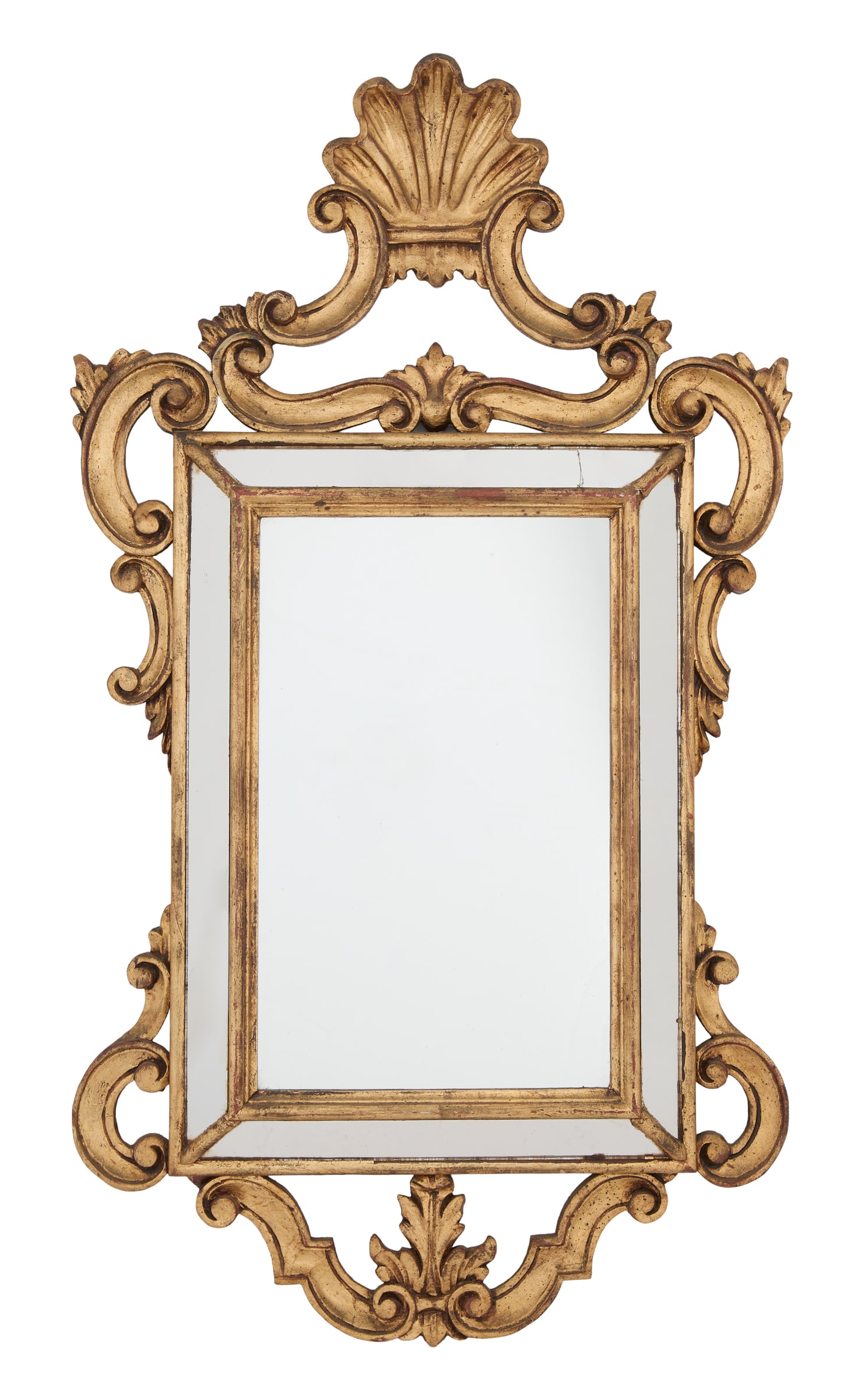 Italian Giltwood Cushion Mirror: Italian Giltwood Cushion Mirror mid-20th century, the carved shell finial supported by pierced scrollwork, the corners with rocaille-trimmed scrolls, and the bottom edge with a carved acanthus leaf