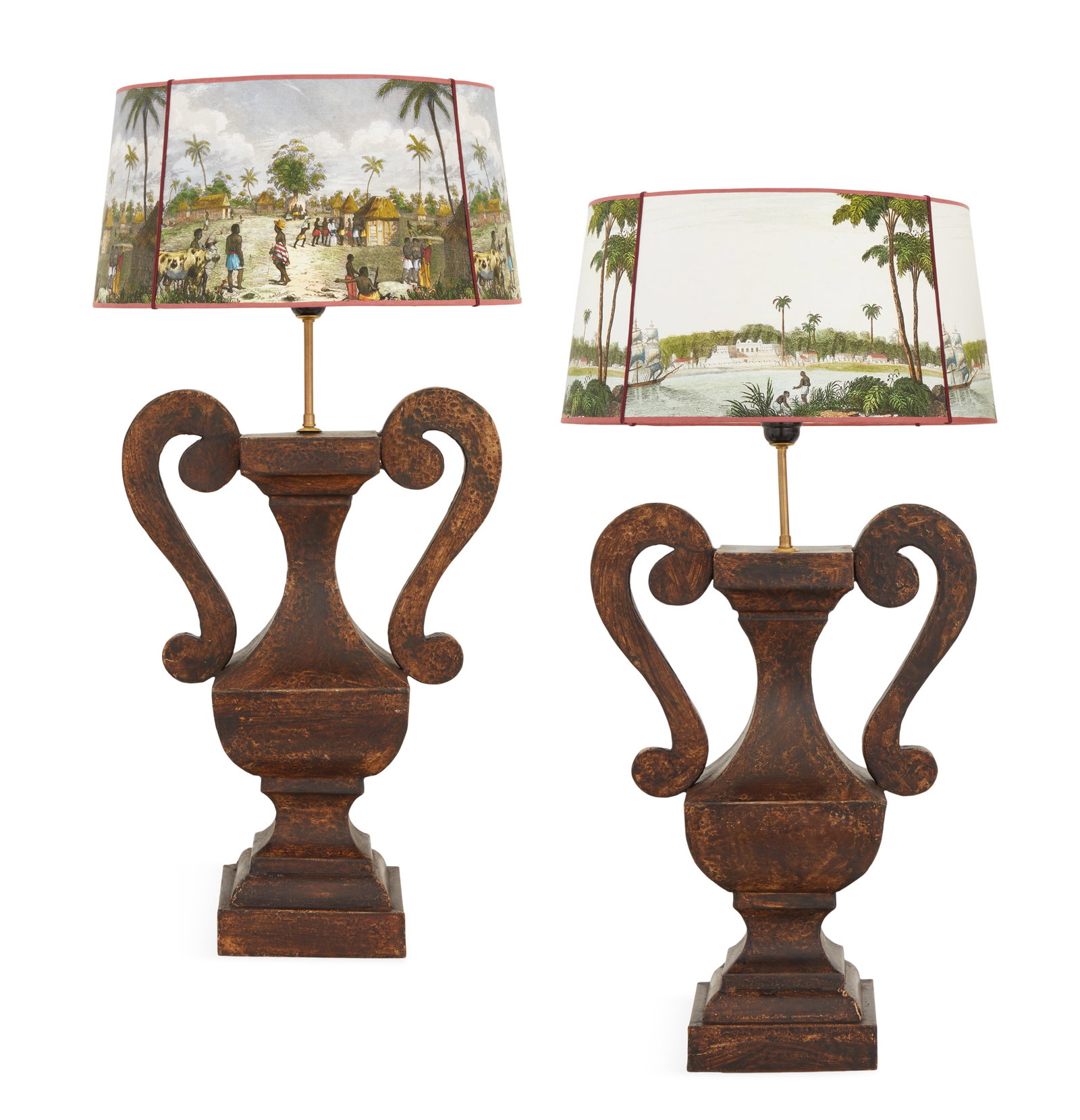 Patinated Metal Lamps with Joanna Wood Shades: Pair of Patinated Metal Urn-Form Lamps with Joanna Wood Shades the polychrome drum-form shades decorated with 18th-/19th-century-inspired tropical scenes, over square vasiform bases with bold scrolled