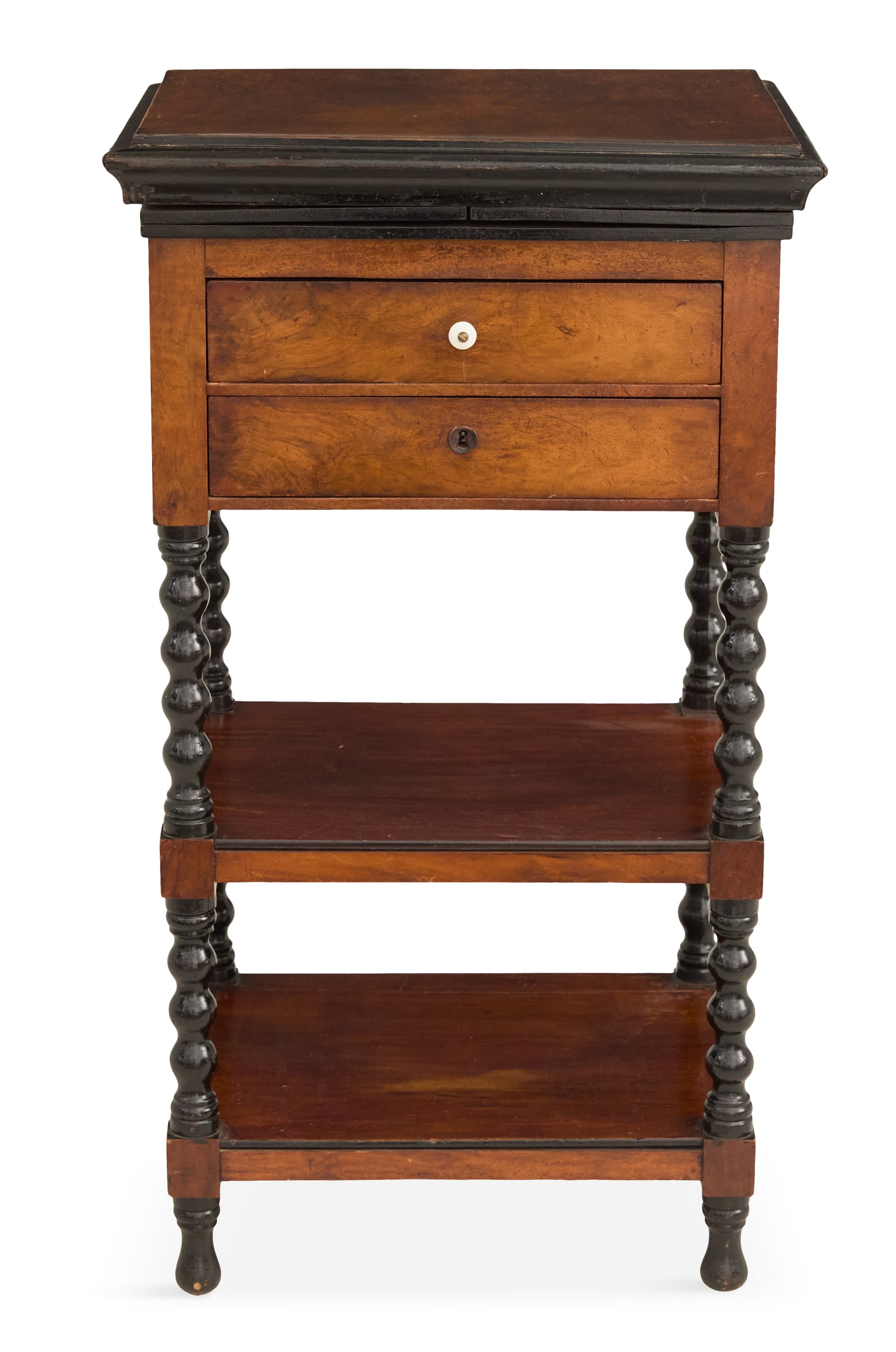Unusual Continental Walnut Work Table: Unusual Continental Walnut Work Table 19th century, the rectangular top with an ebonized edge, opening and fitted with hinged side supports and two drop-down shelves, the case fitted with two hinged