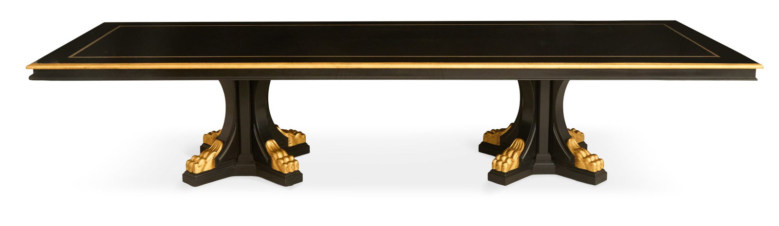 Impressive Custom-Made Black-Lacquer Dining Table: Impressive Custom-Made Black-Lacquer Pedestal Dining Table the expansive rectangular top with a gilded and molded edge set with a broad border and inner silver-leaf liner, raised on a pair of pedestal