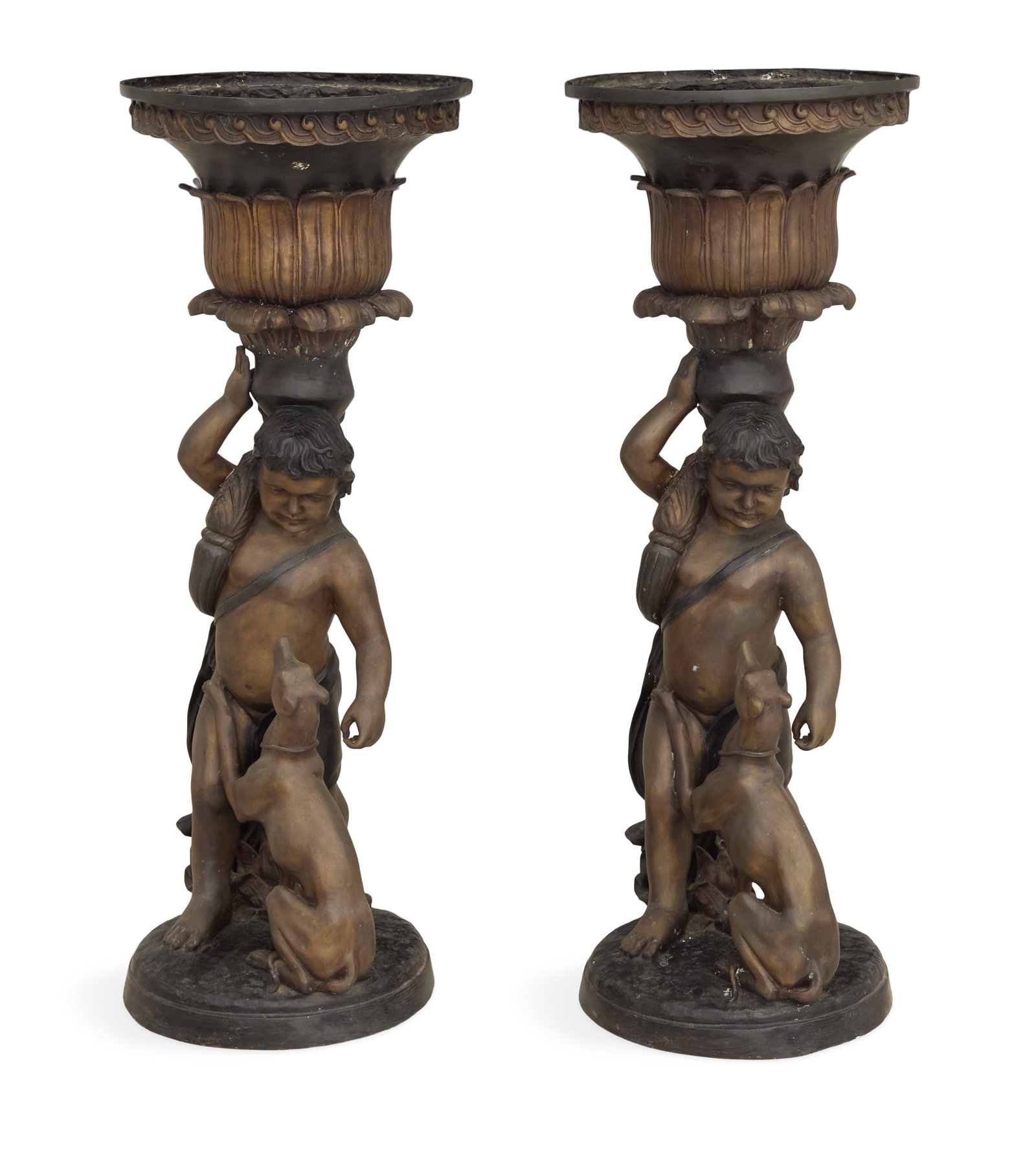 Pair of Patinated Bronze Figural Planters: Pair of Patinated Bronze Figural Planters contemporary, of neoclassical inspiration, the vasiform planters with scalloped trim around the rims, the bodies molded with laurel leaves, supported on putti