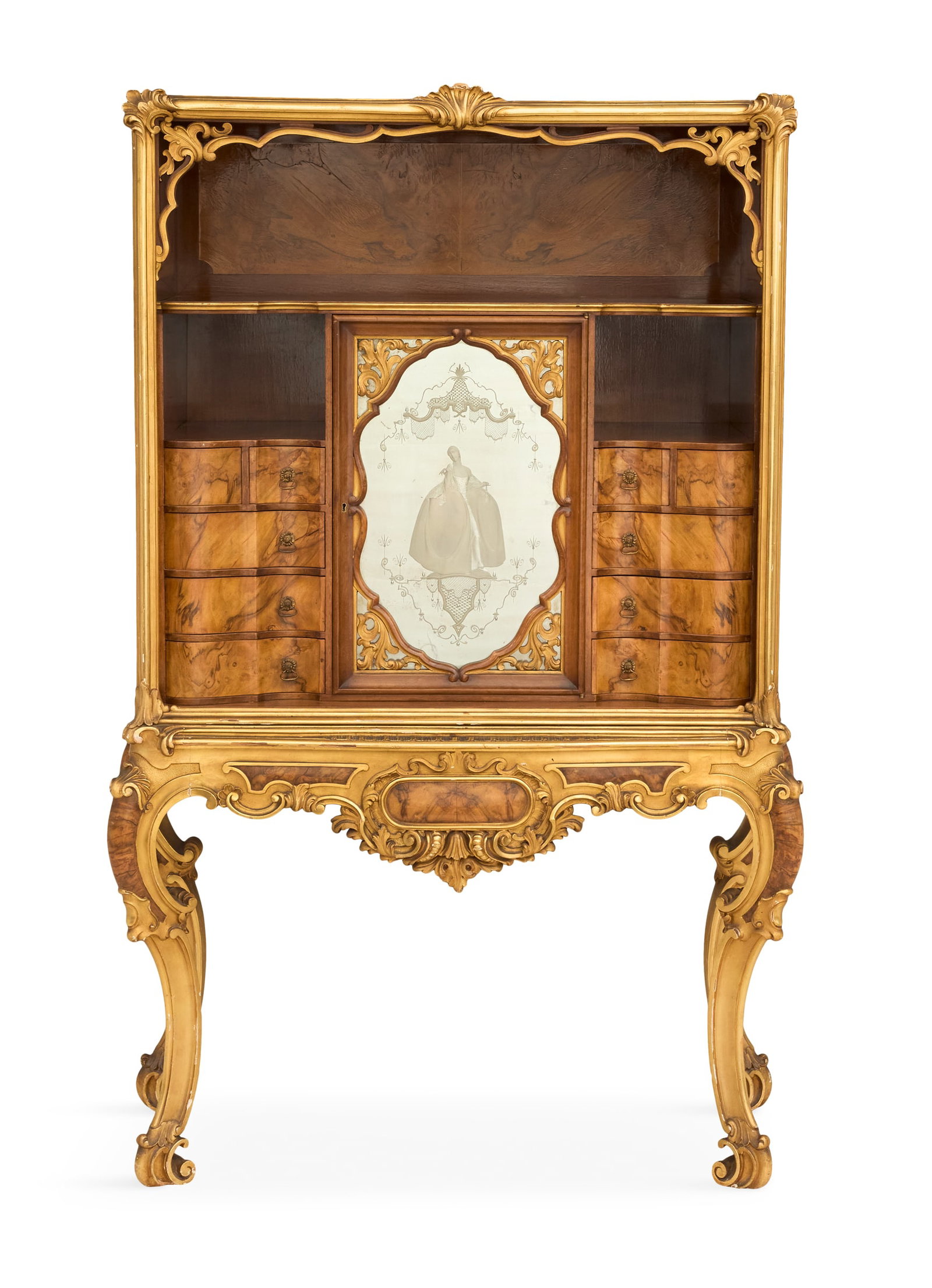 Continental Burlwood and Mahogany Cabinet: Continental Burlwood and Mahogany Cabinet 19th century, the rectangular top above a case fitted with an open shelf over a central cupboard door featuring an incised mirrored panel of a finely dressed 