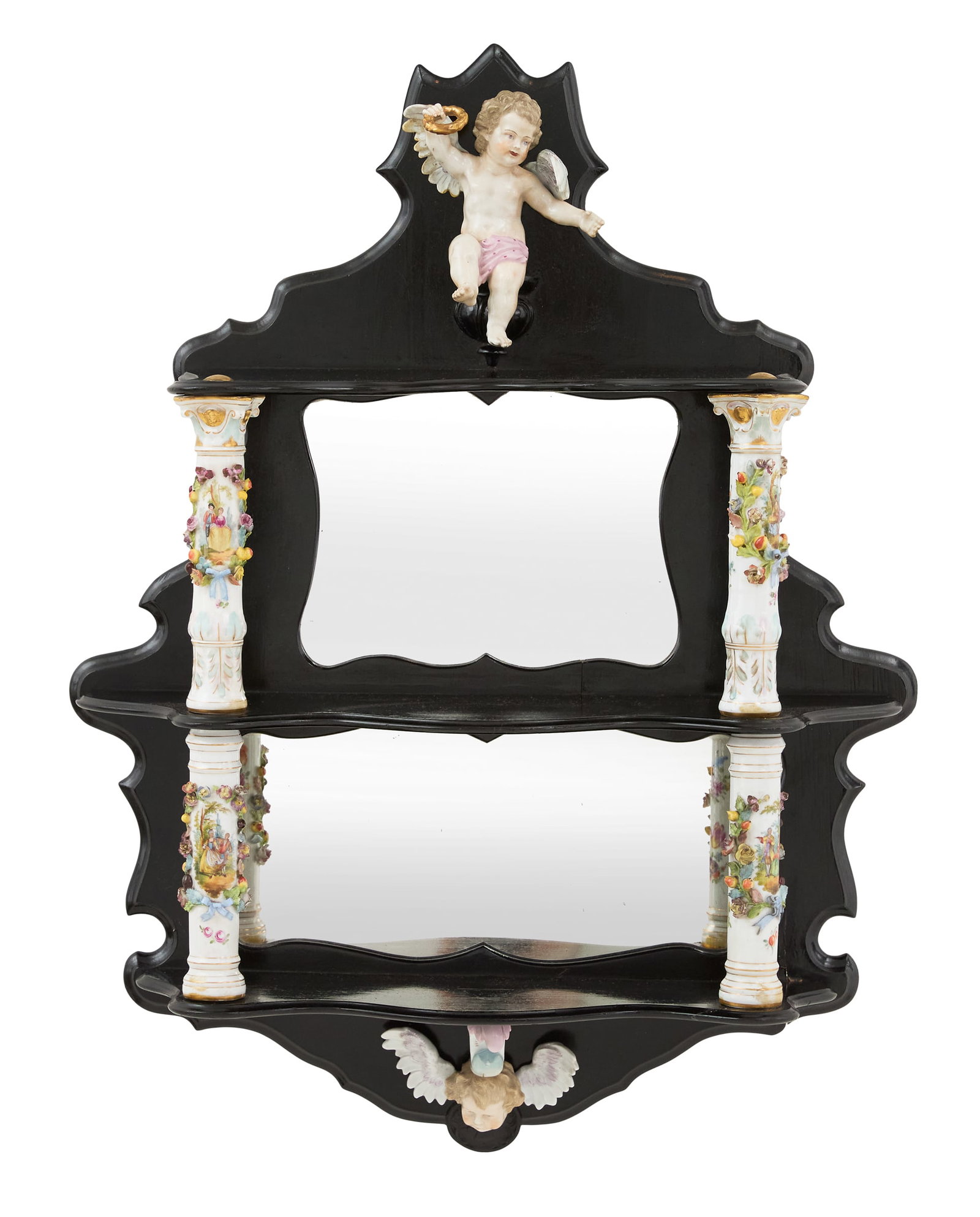 Dresden Porcelain and Ebonized Wood China Shelf: Dresden Porcelain and Ebonized Wood China Shelf late 19th century, the Renaissance Revival body with a crest set with a Dresden cherub, sitting above three serpentine shelves backed with inset mirror 