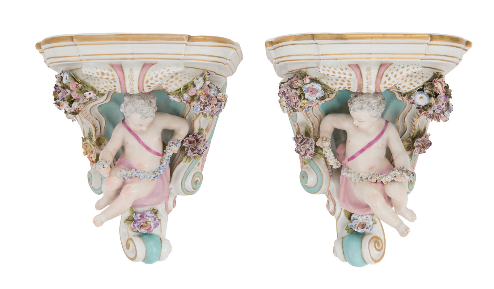 Pair of Dresden Porcelain Brackets: Pair of Dresden Porcelain Brackets in the Meissen Taste late 19th century, German, the gilt-trimmed shelves decorated with scattered flowers, framing putti holding garlands of encrusted flowers, and t