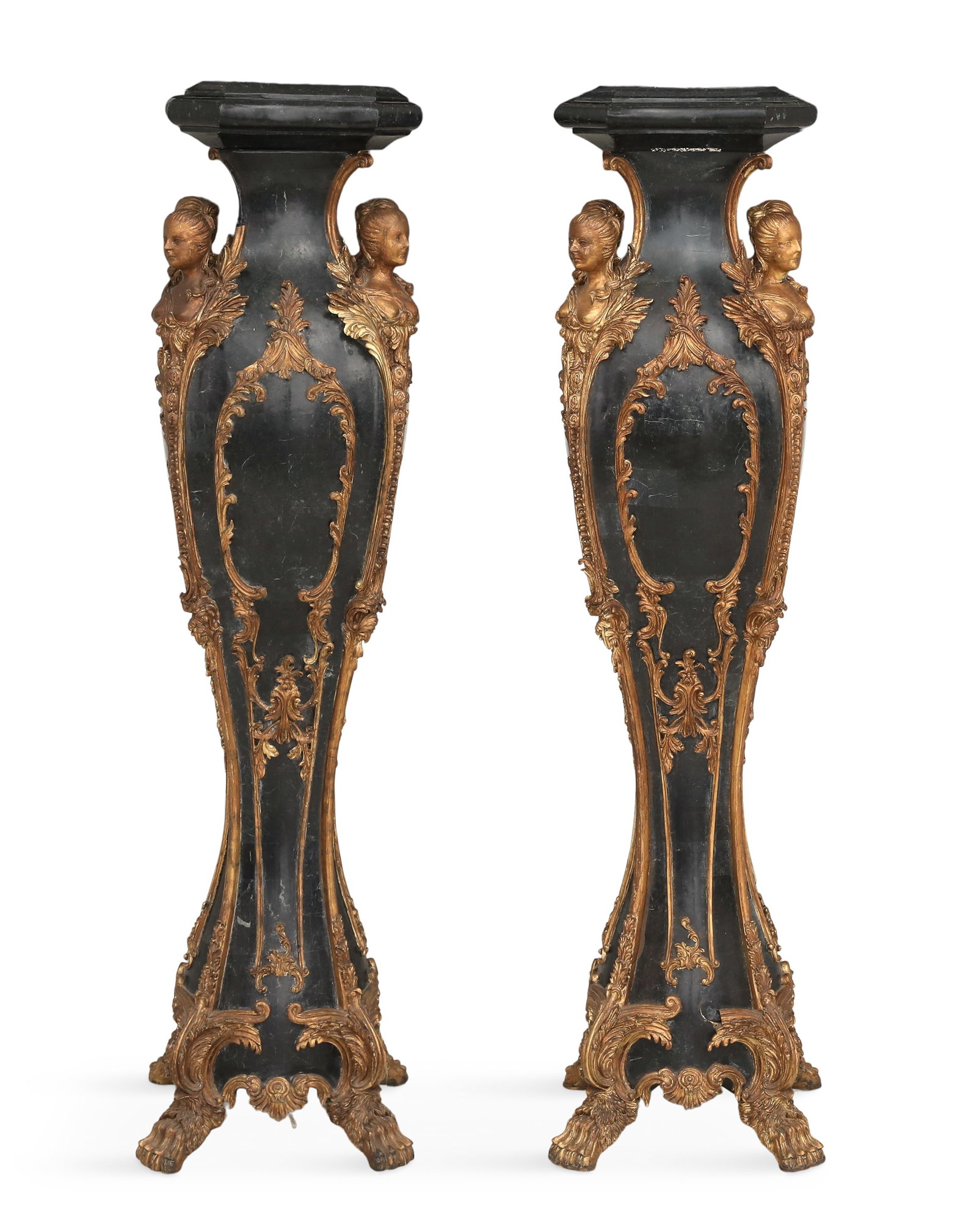Pair of Stone and Gilt-Composition Pedestals: Pair of Stone and Gilt-Composition Figural Pedestals 20th century, each with a molded stone top over a body veneered in tessellated verde antique marble, the corners with gilt composition busts of wom