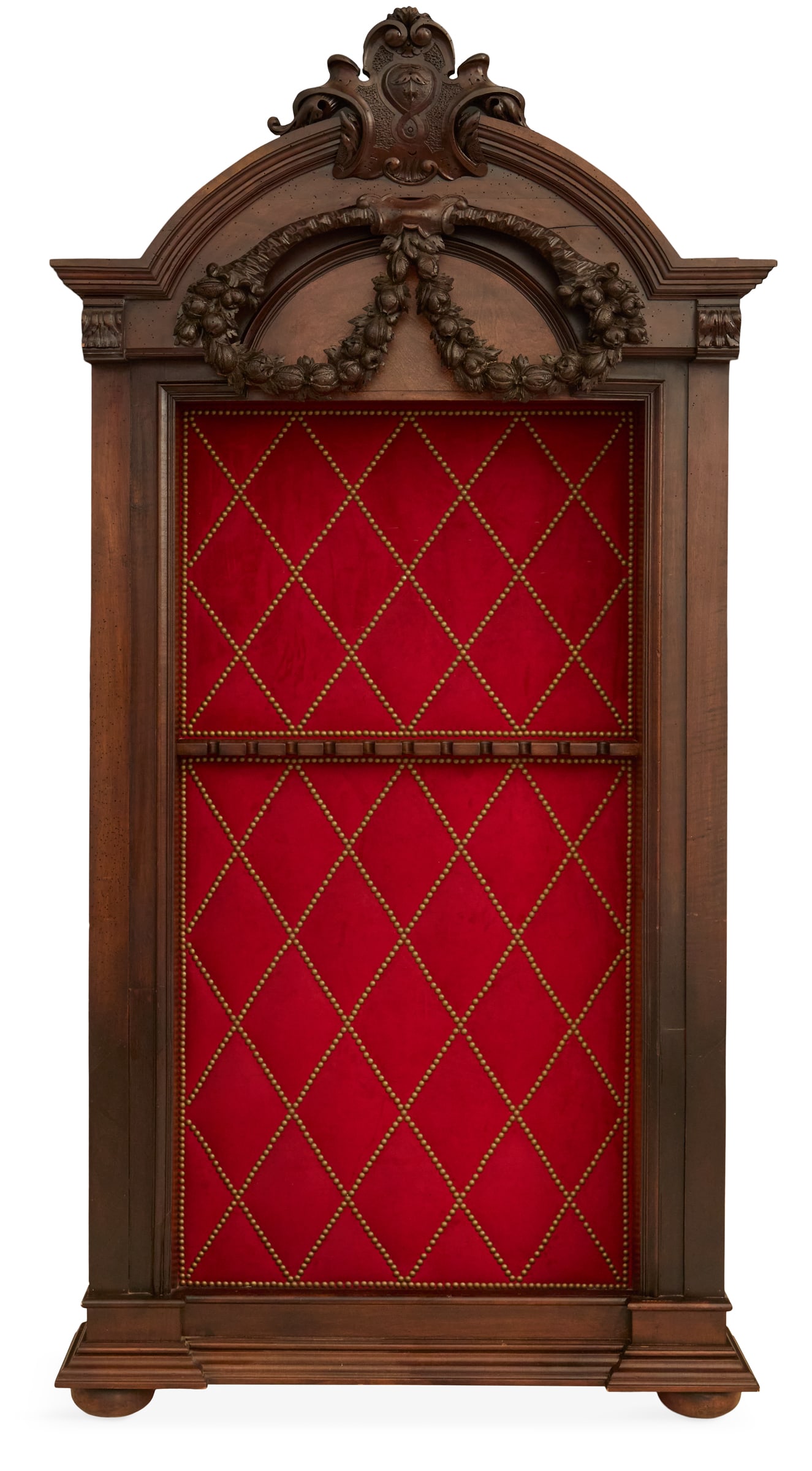 Custom Walnut and Suede Cue Holder: Custom Walnut and Suede Cue Holder contemporary, the scroll-carved crest decorated with a cabochon above swags of fruit, over a figured walnut panel, the back with holders for cues, upholstered in sue
