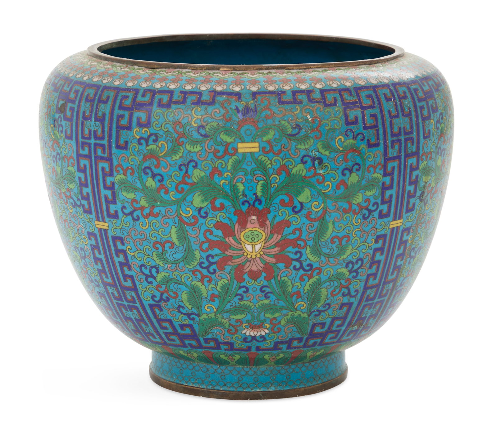 Chinese Cloisonne Jardiniere: Chinese Cloisonne Jardiniere 20th century, decorated with panels of red lotus blossoms on a scrolled turquoise ground, the panels framed with cobalt fretwork. h. 10-1/4", dia. 11-1/4"