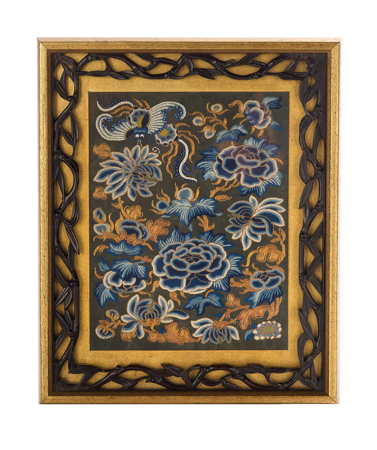 Chinese Embroidery: Chinese Embroidery 19th century, with chain-stitch decoration of flowers and butterflies in two shades of blue, gold, yellow and green on a brocaded dark green ground, glazed and framed. h. 11", w. 8-