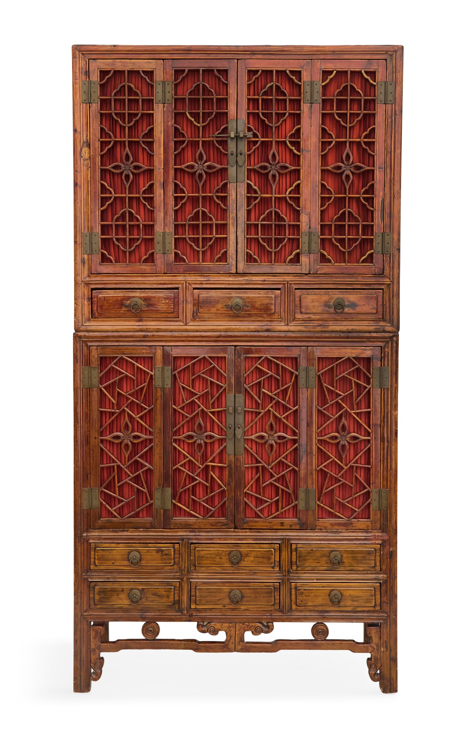 Large Asian Hardwood Cabinet/Cupboard: Large Asian Hardwood Cabinet/Cupboard 20th century, fitted with two hinged doors with open pierced designs over three small drawers, with a like door below over two tiers of three small drawers, the c